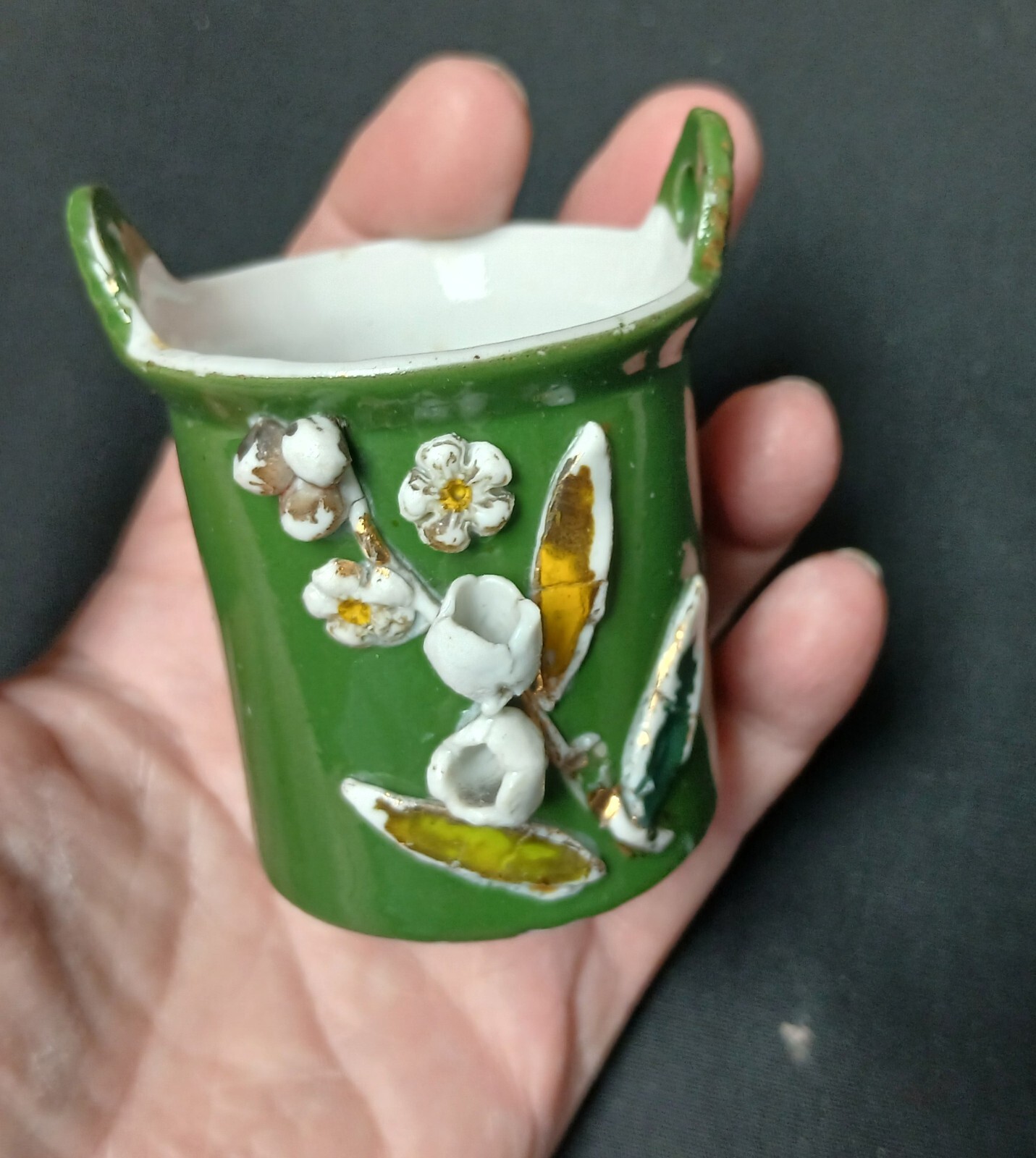 Antique Green Porcelain Basket Tooth Pick Holder with Lily of the Valley Flowers
