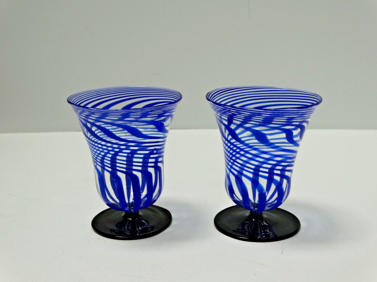 (2) Vintage Bimini Werkstatte Swirl Cocktail Liqueur Glass BLUE & BLACK ~3-3/8″H