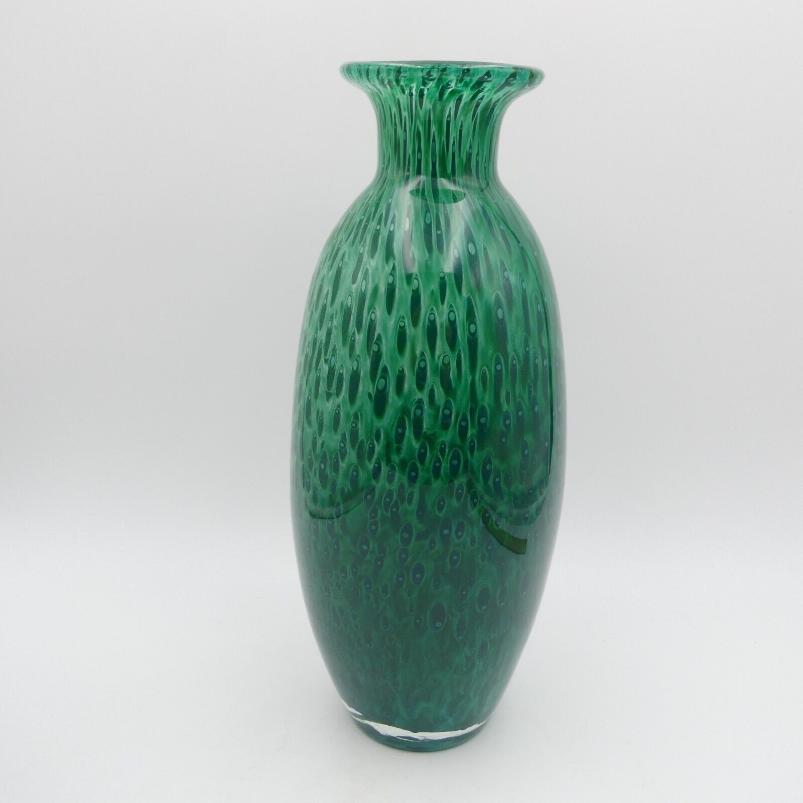 Art Glass Peacock Feathers Tall Vase 12 inch Emerald Green Blue Swirl Vintage