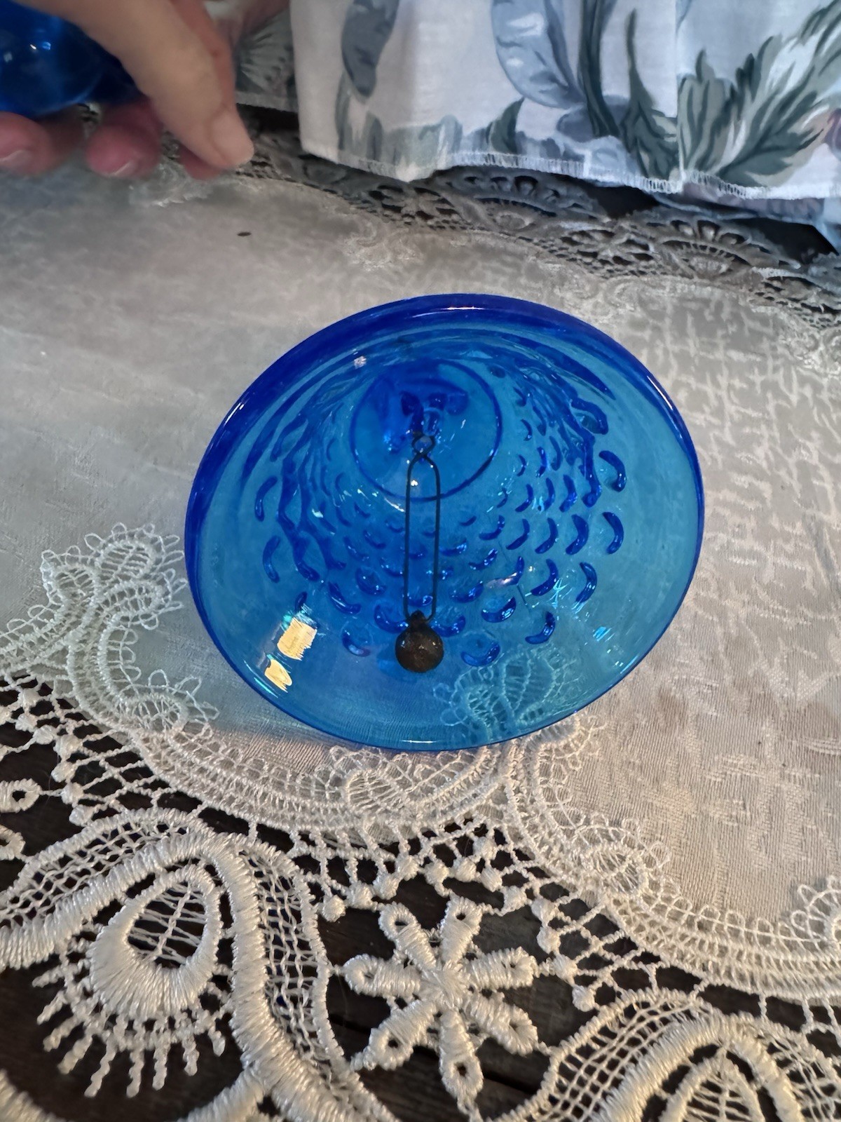 Fenton Blue Glass Hobnail Pattern Bell with Handle, Blue glass bird set