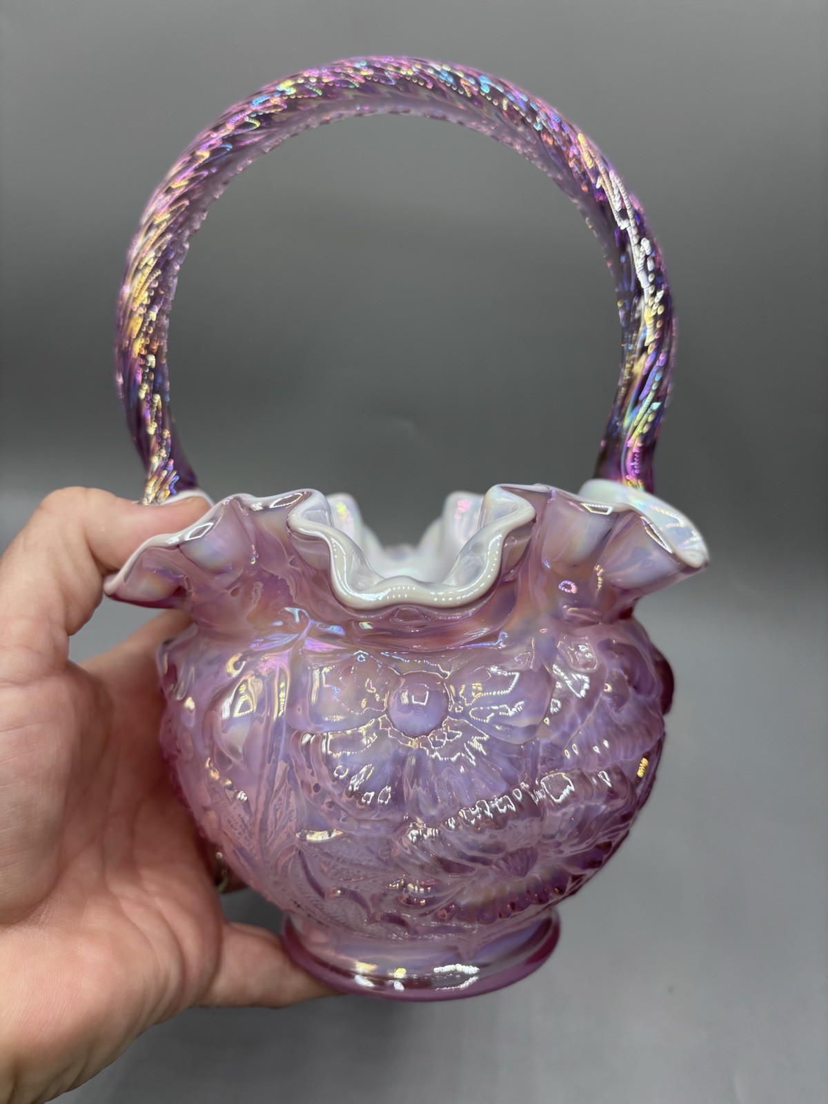 Fenton 1997 Pink Dusty Rose Poppy Overlay Iridescent Glass Basket Excellent Cond
