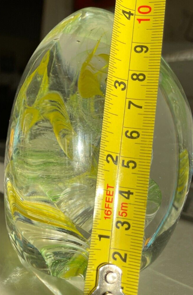 VTG Triangle Studio Art Glass Paperweight Yellow Green White Swirls Bubbles 4″