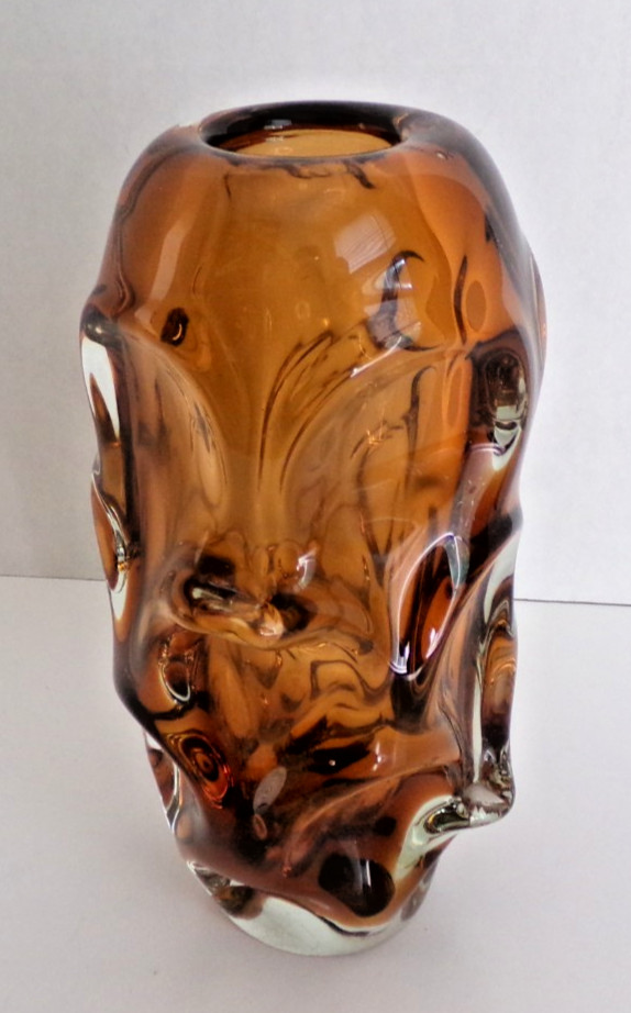 Attributed Jan Beránek Skrdlovice Czech Art Glass Vase Amber Brown MCM Heavy 8”