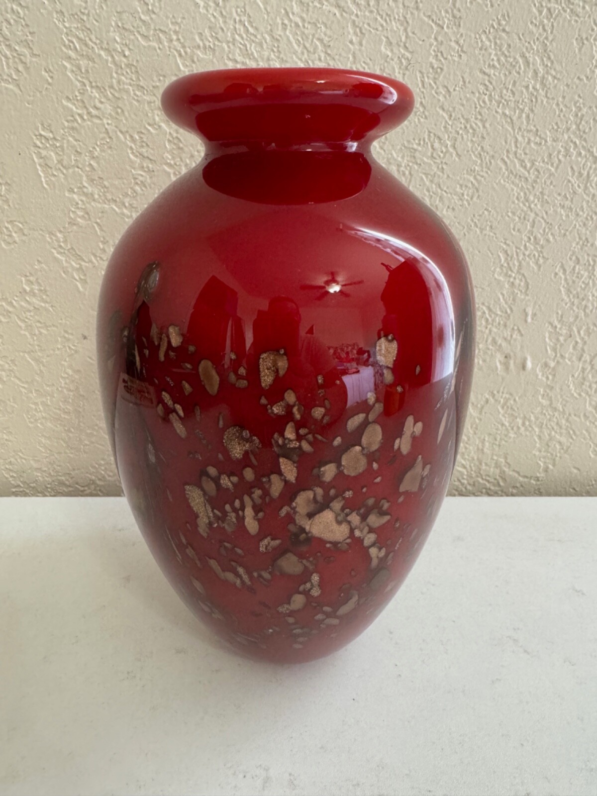 Blown Art Glass Red Vase w/ Gold / Copper Speckles