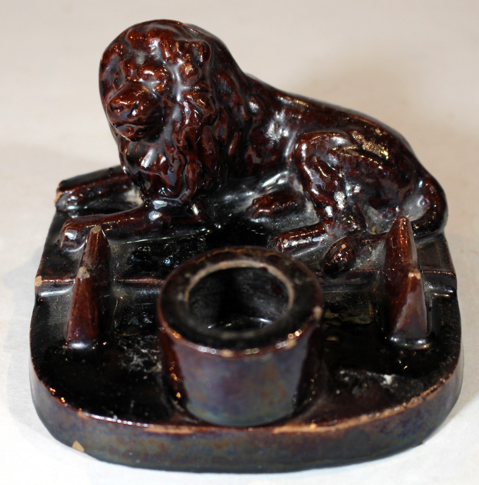 Victorian English Treacle Glazed Pottery Lion Figural Pen Rest & Inkwell c. 1845