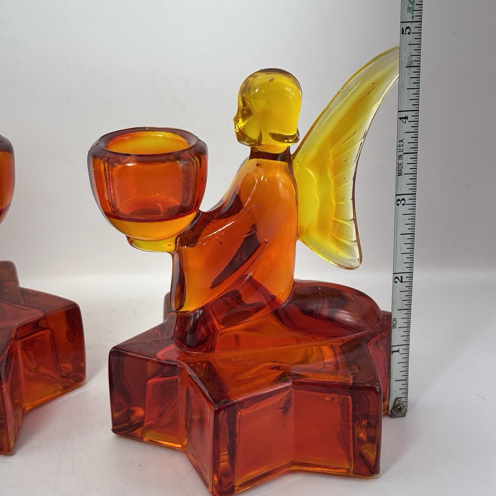 L E Smith Angel Star Candle Holder Amberina, Orange Glass Set Of 2 READ