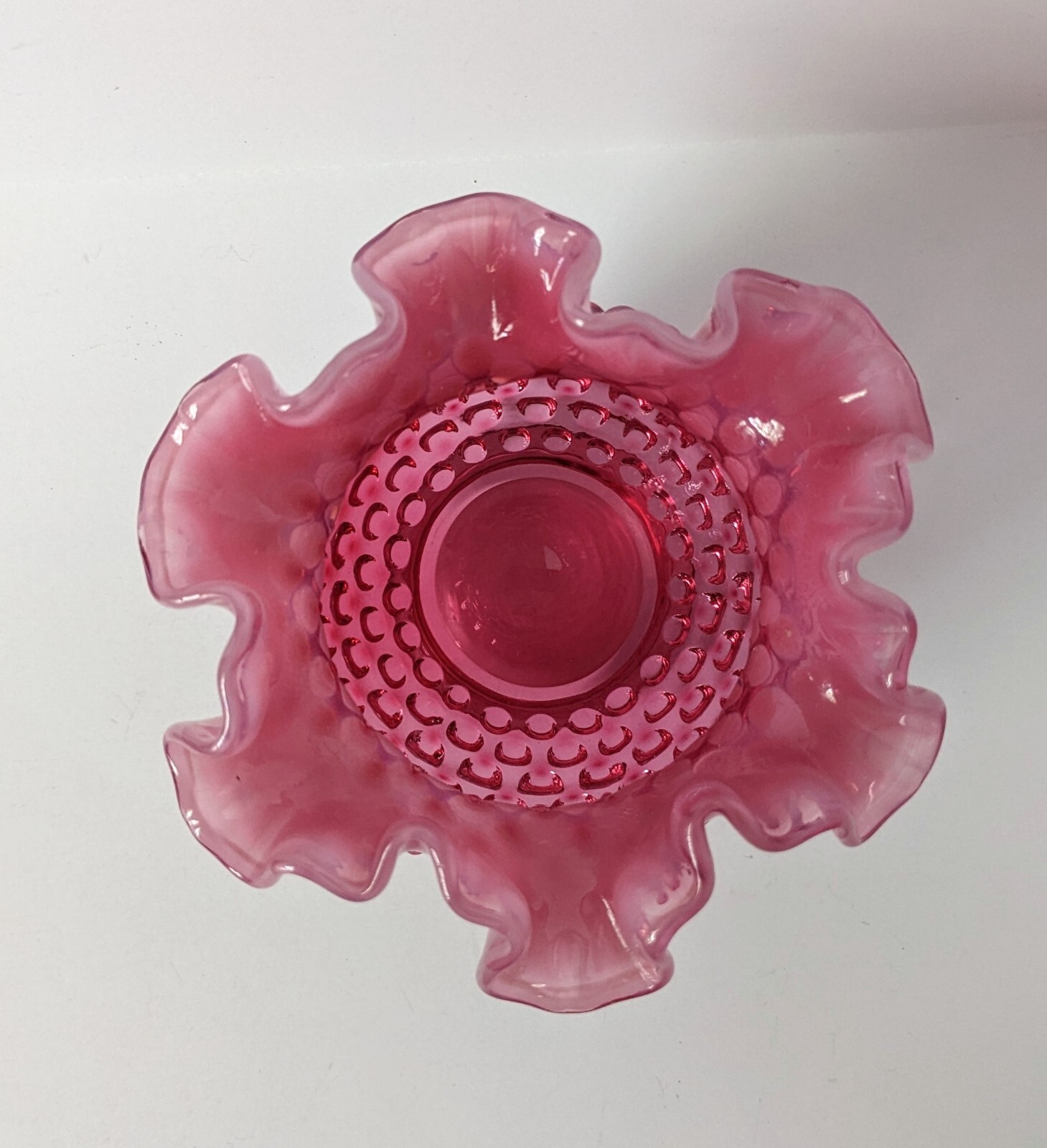 Vintage Fenton VASE/ BOWL Cranberry Opalescent Glass Hobnail Pattern Ruffle Top