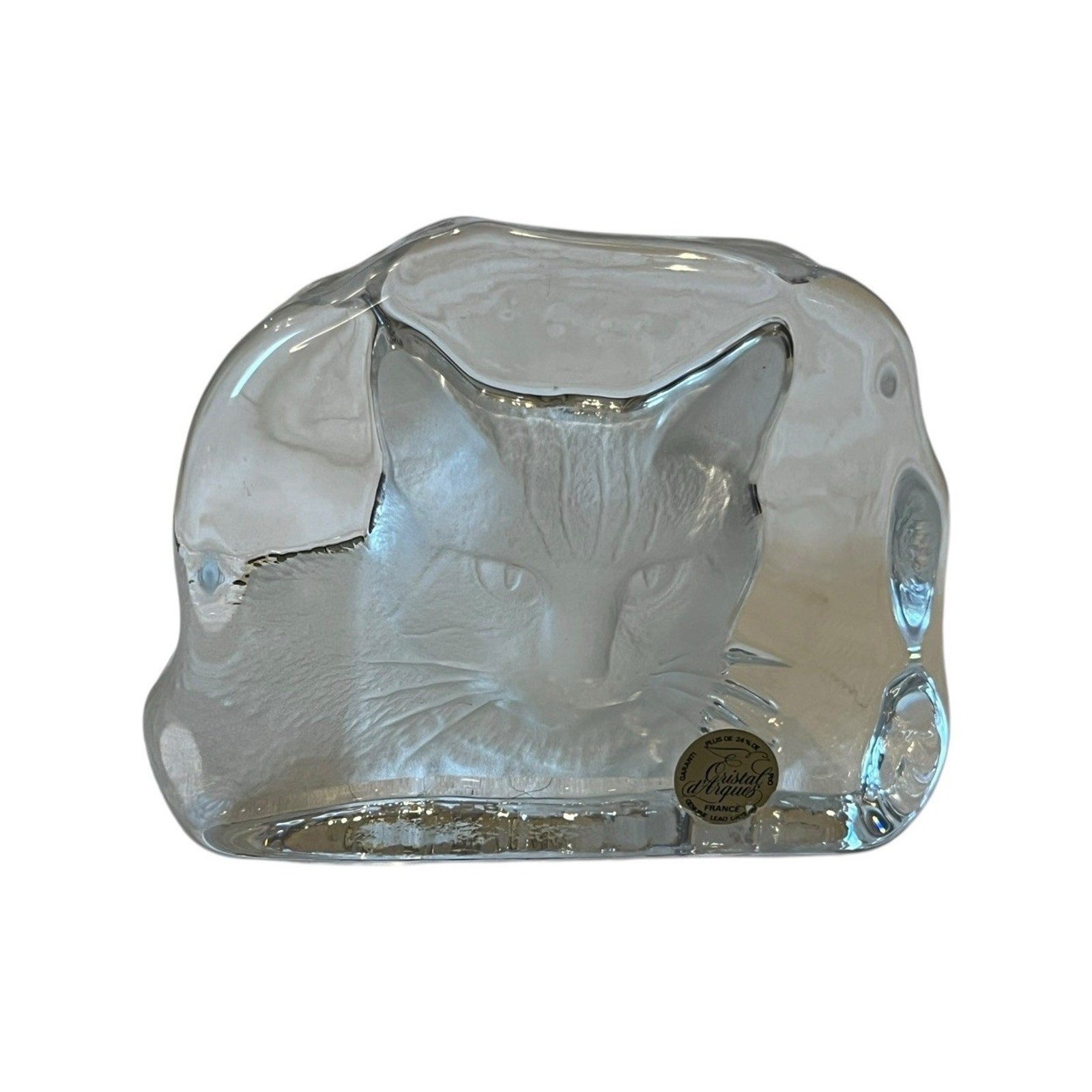 Vtg Cristal d’Arques Crystal France Art Glass Cat Paperweight Reverse Etched