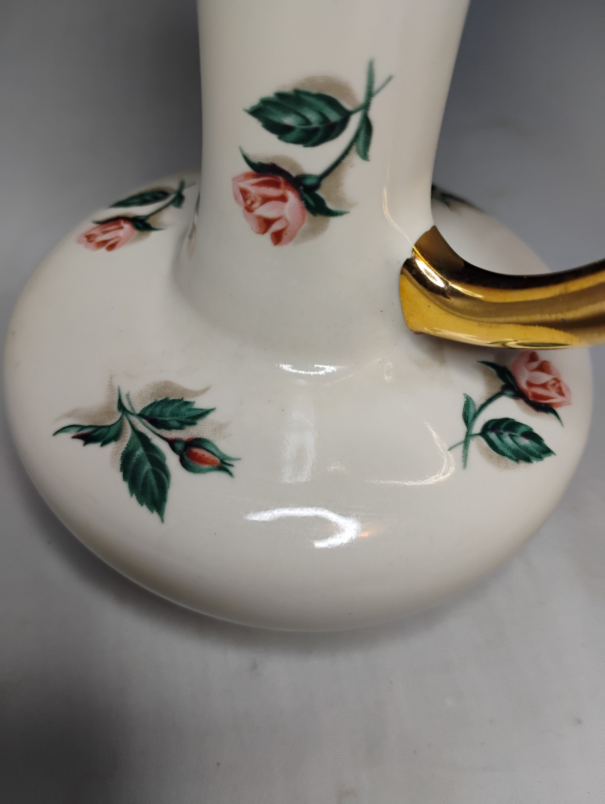 White Pink Floral Ceramic Decorative Vase with Handle Gold Leaf Vintage Decor