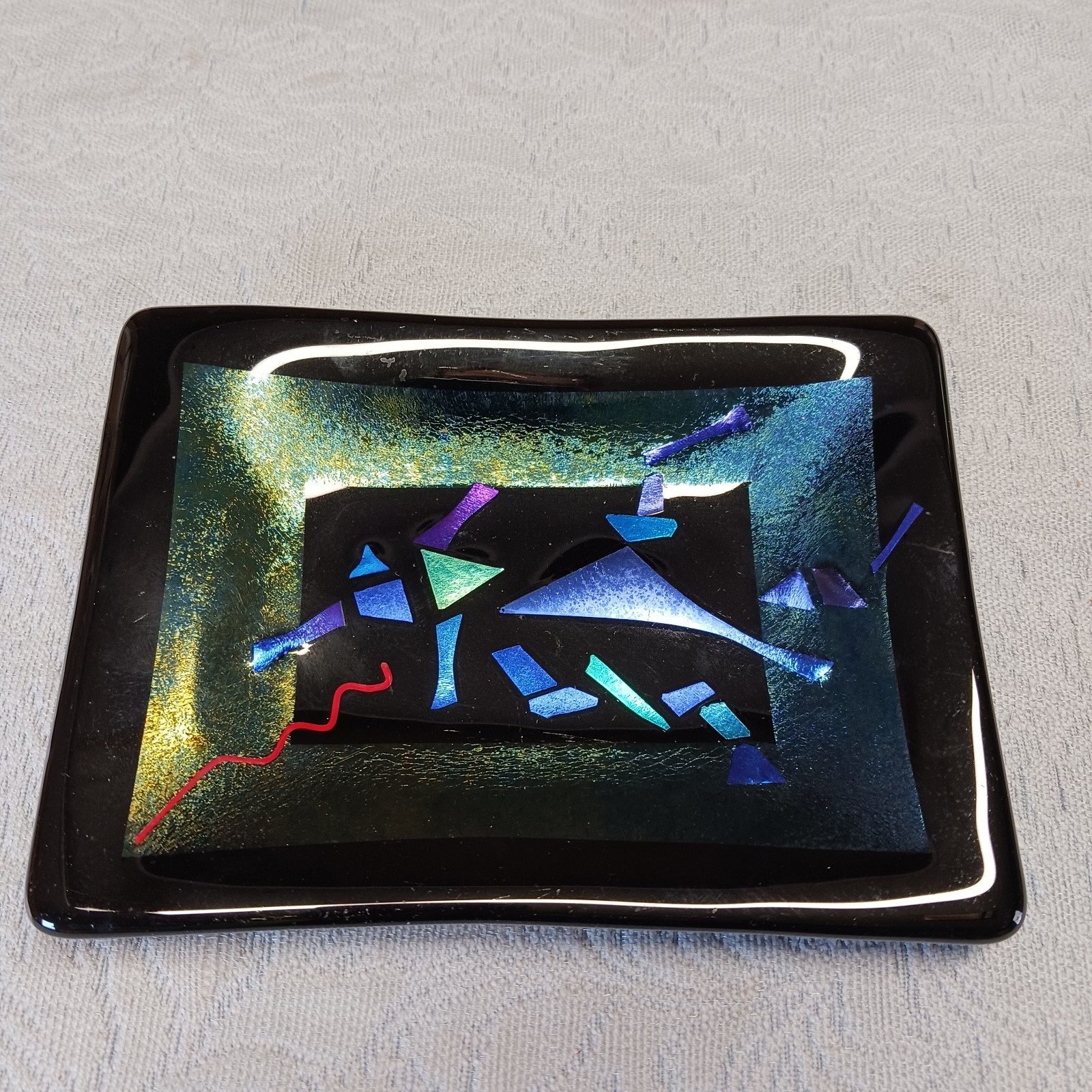 Signed Art Glass Iridescent Confetti Tray Fused Glass Ring Dish 5×7