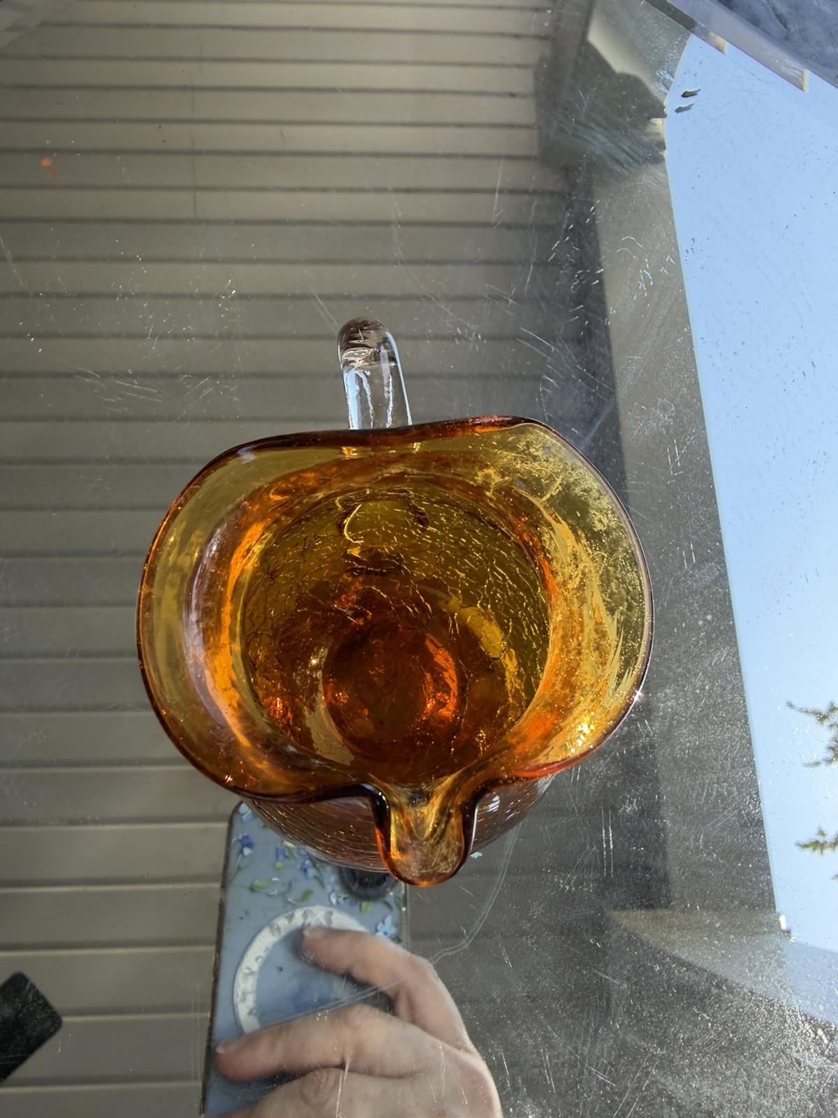 Amber Crackle Glass Pitcher Mini Vase Yellow Gold Hand Blown 3 3/4”Creamer
