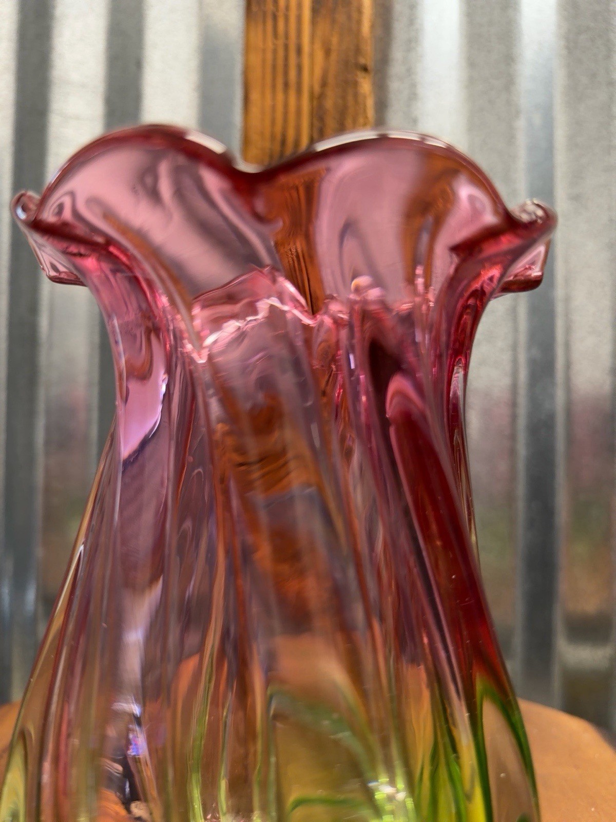 Vintage Hand Blown Cranberry & Green Art Glass Vase Ruffled Rim 7.5” See Photos