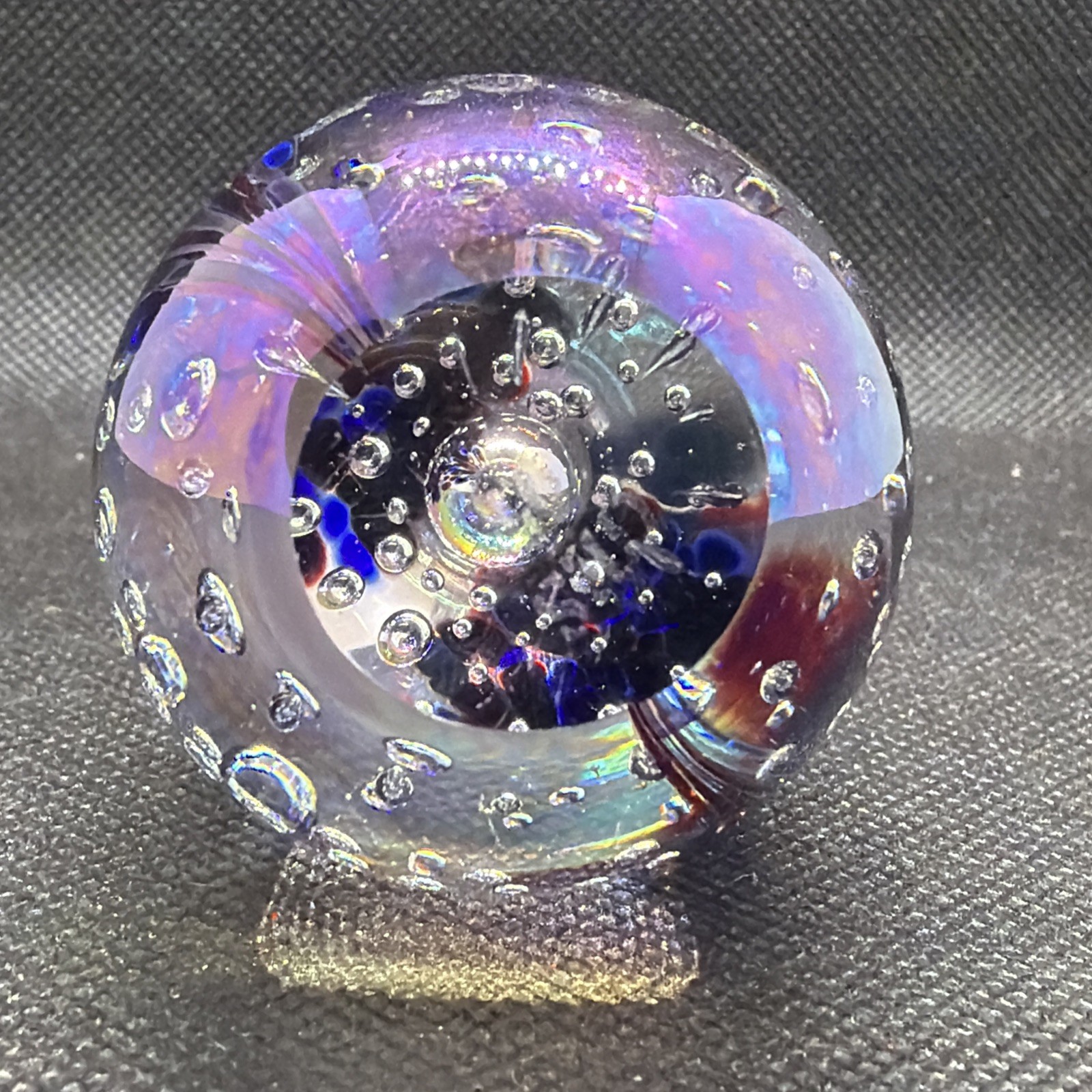 1997 Glass Eye Studio Egg Form Glass Paperweight w Swirl & Iridescent Decoration