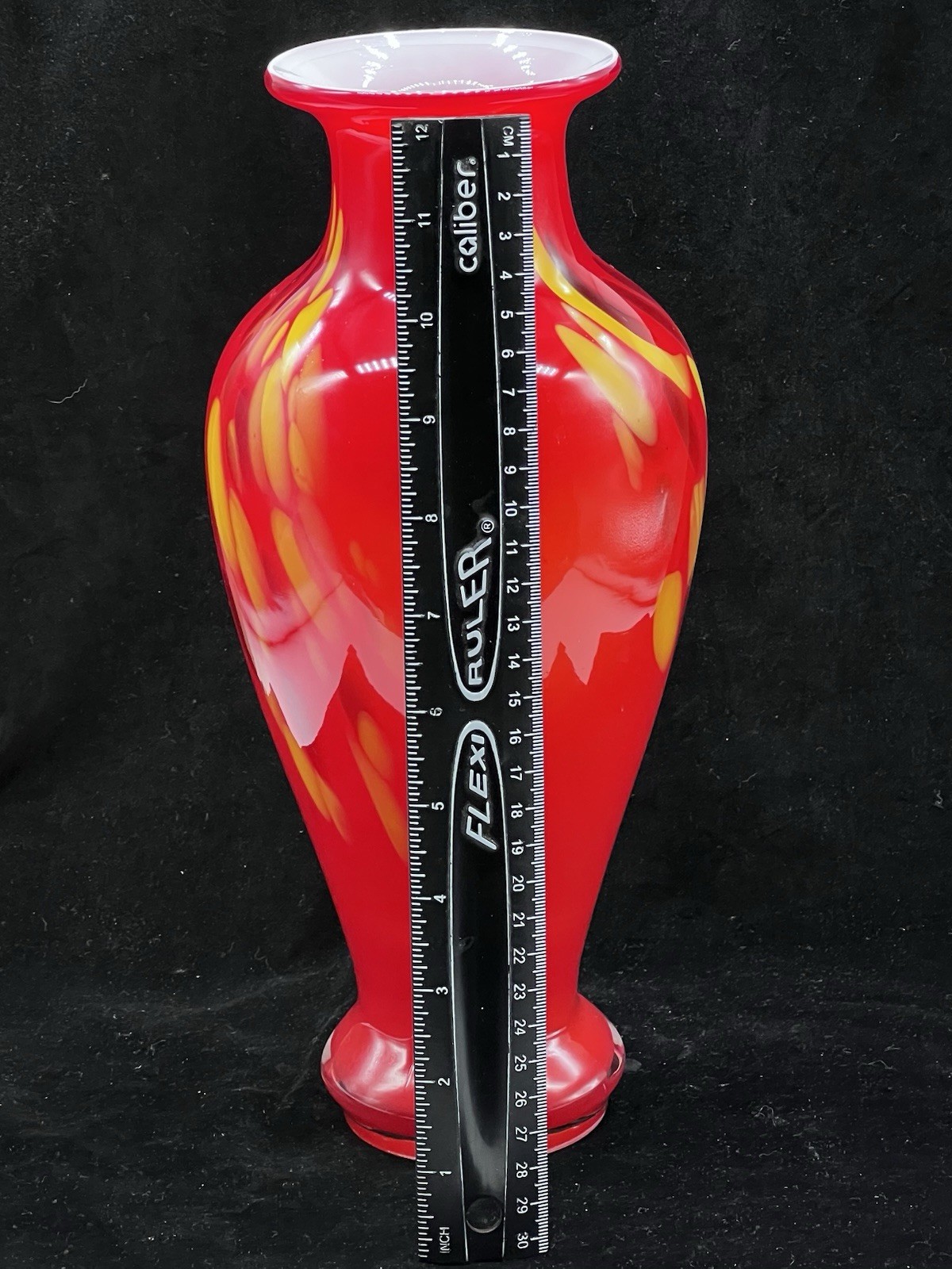 Bright Red Blown Glass Vase With Mottled Design—12.5”