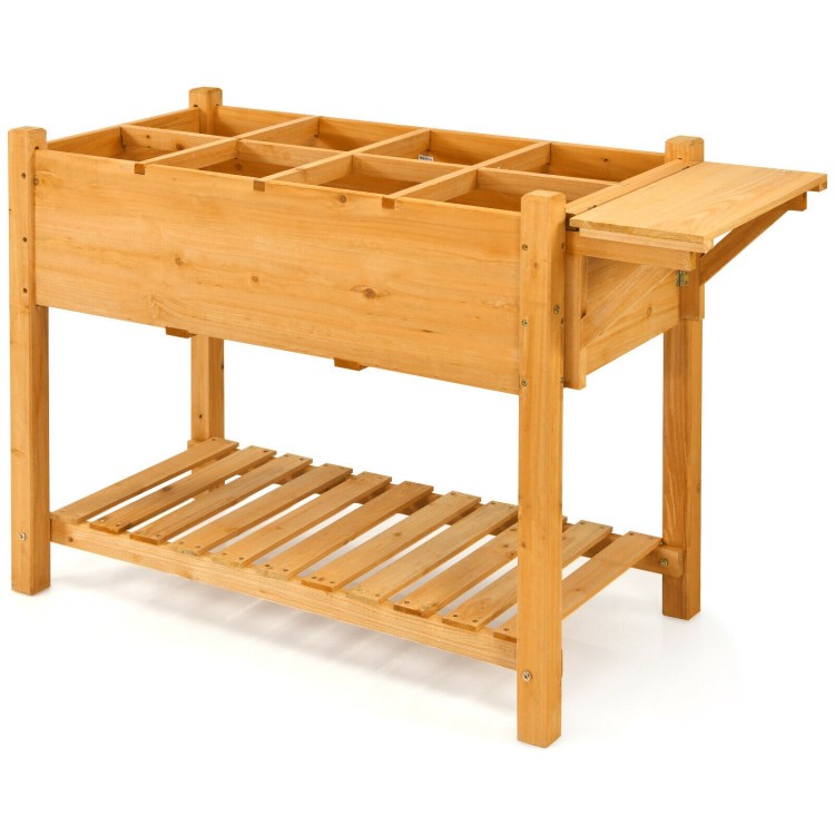 Elevated Fir Wood Garden Bed with 8-Grid Shelf and Tabletop
