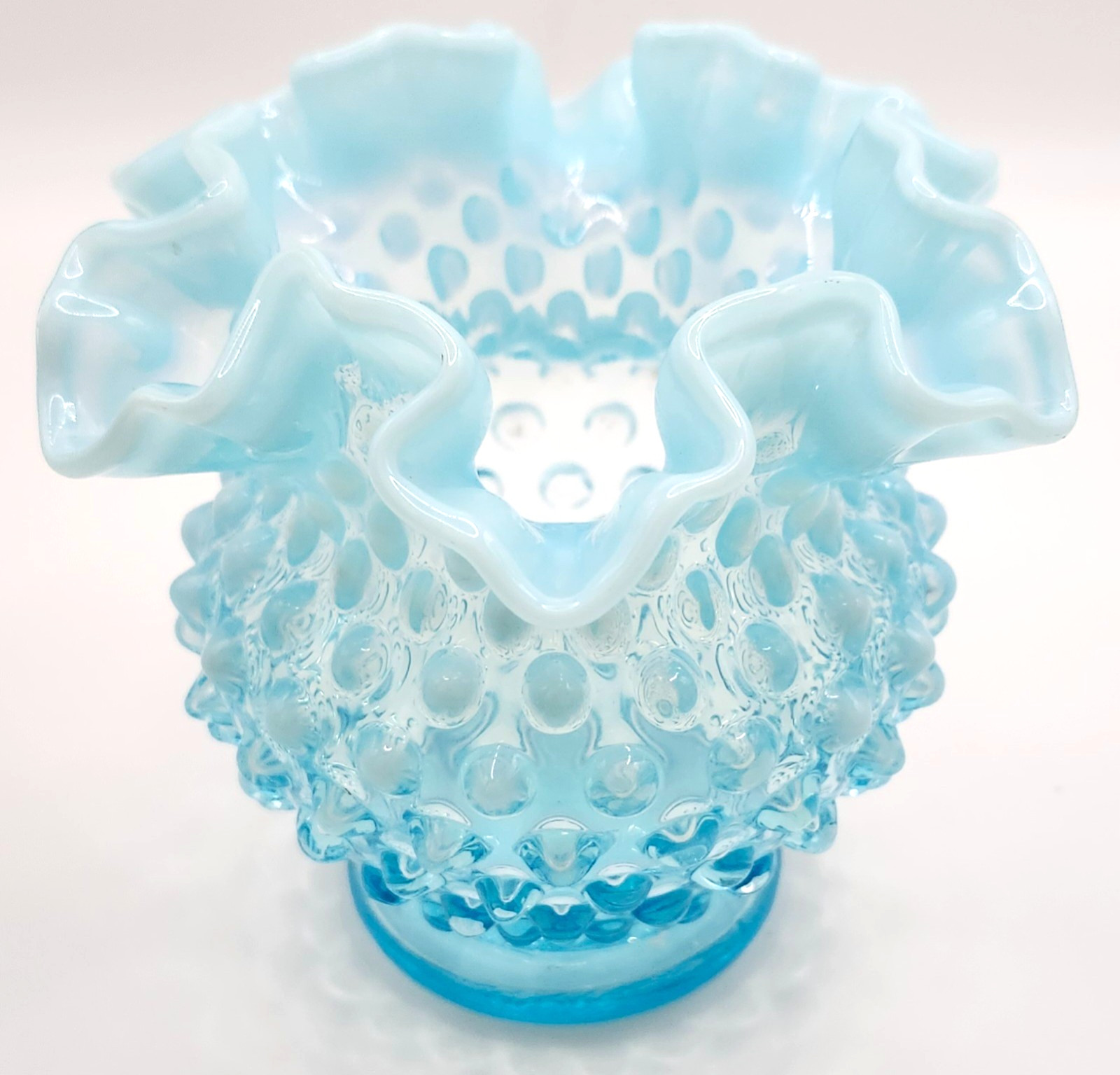 Vtg Fenton Aqua Baby Blue Opalescent Hobnail Ruffled Art Glass Vase 4.5″ AS IS