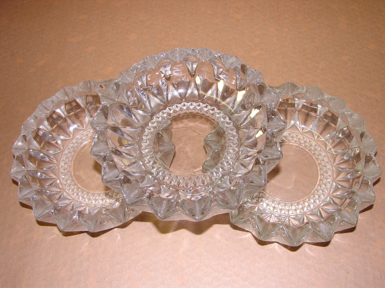 Lot of 3 Vintage KIG Indonesia Diamond Pressed Glass Clear Round Heavy Ashtrays