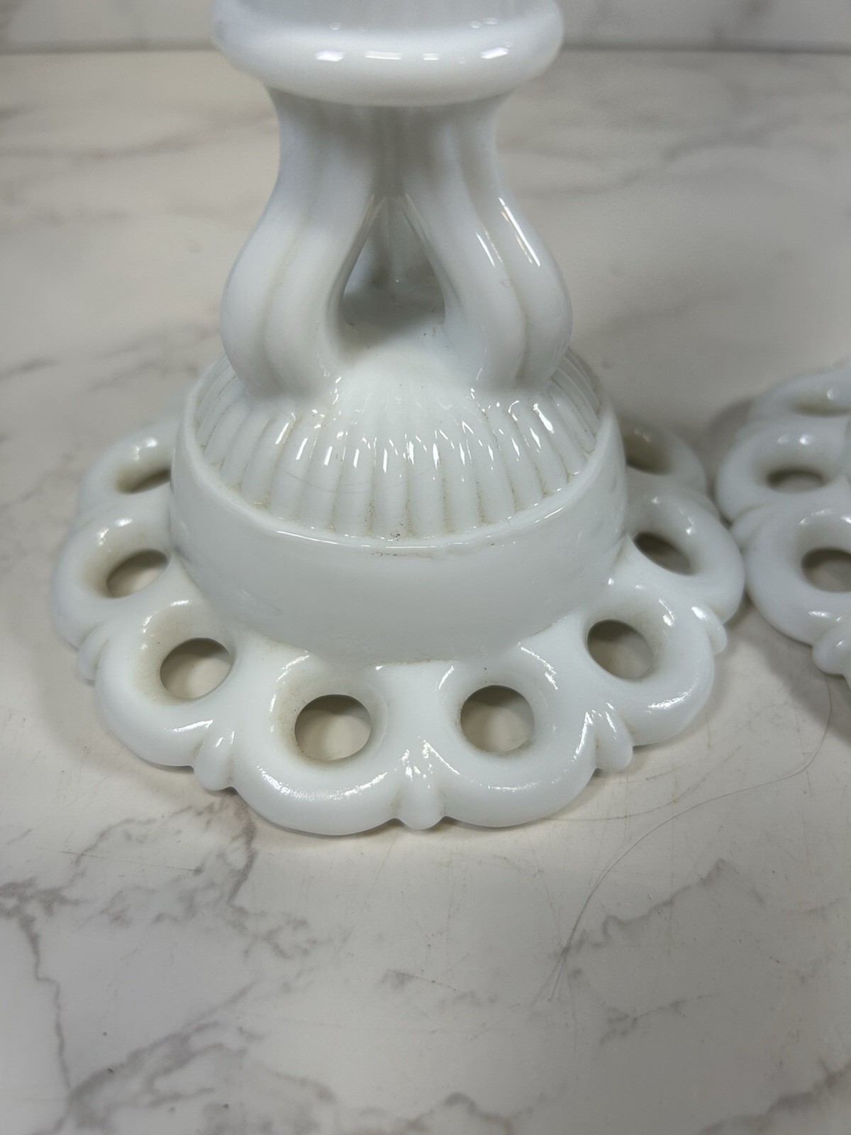 Vintage Pair Milk Glass Lace Candlestick Holders