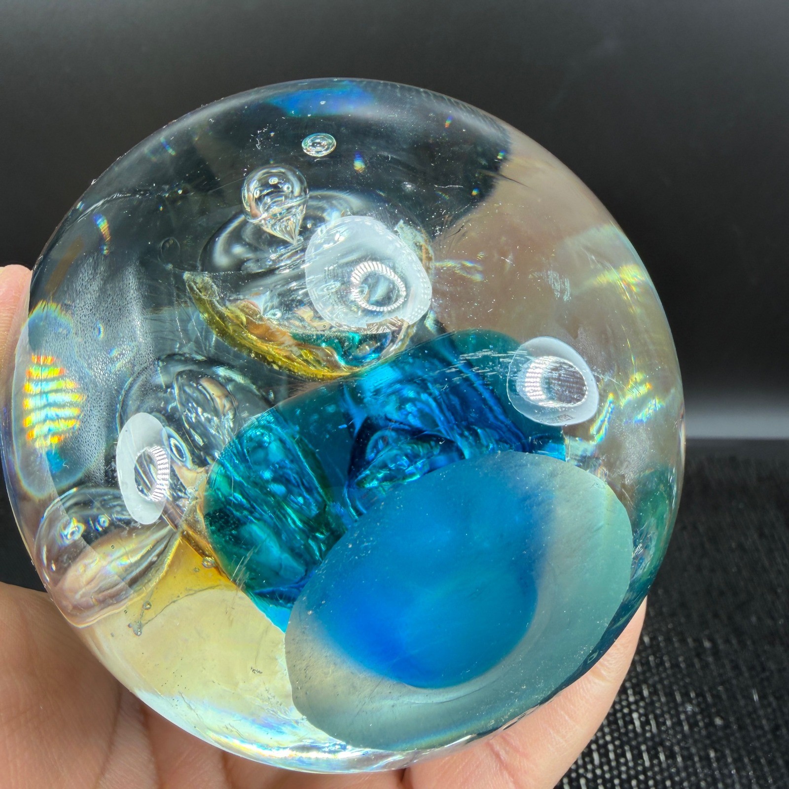 Art Glass Paperweight Controlled Bubble Blue Swirl Orb 3 Inch Sphere Hand Blown