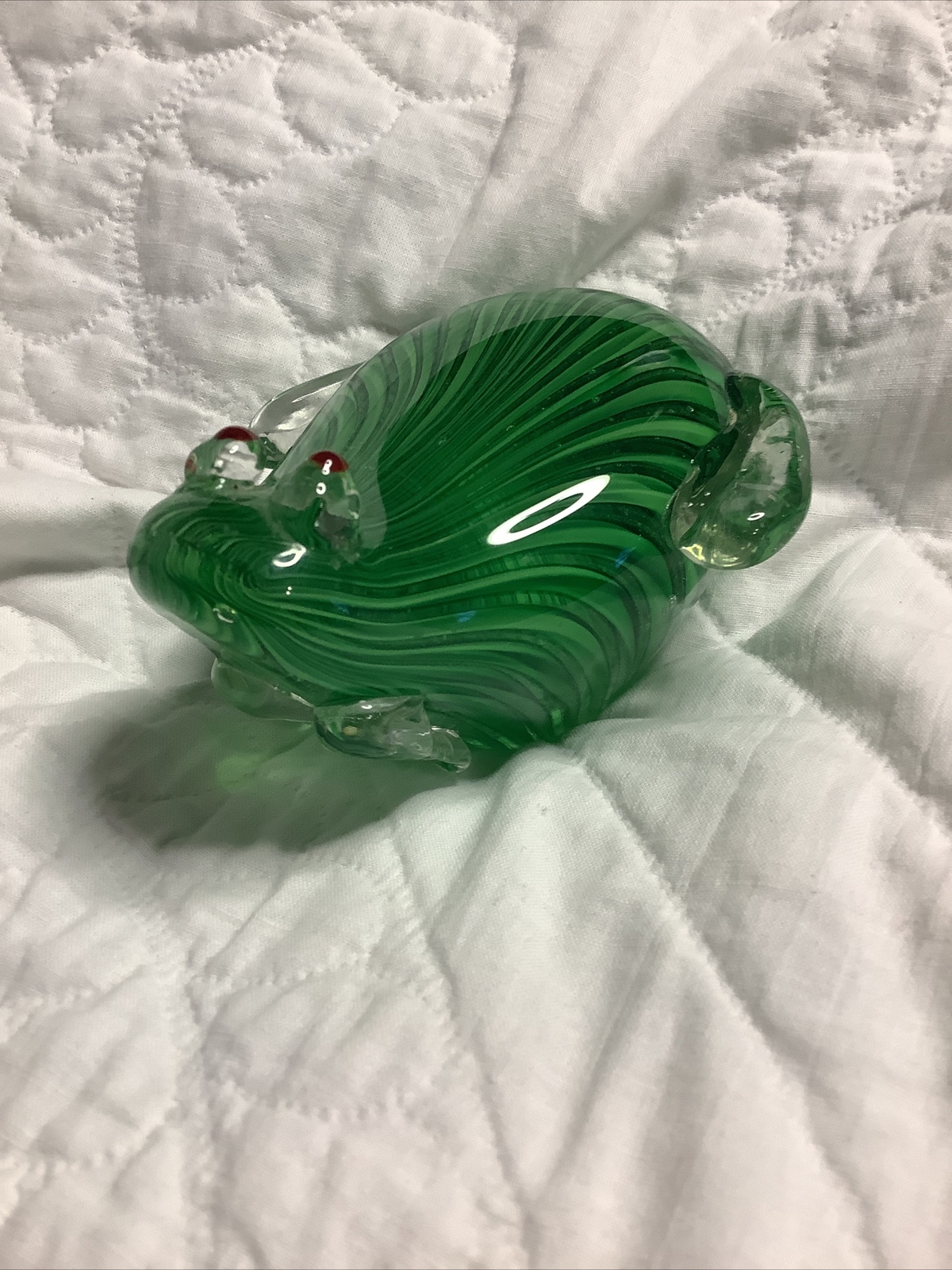 Murano Style Art Glass Large GREEN FROG Latticino Ribbon Cane Red Eyes Vintage