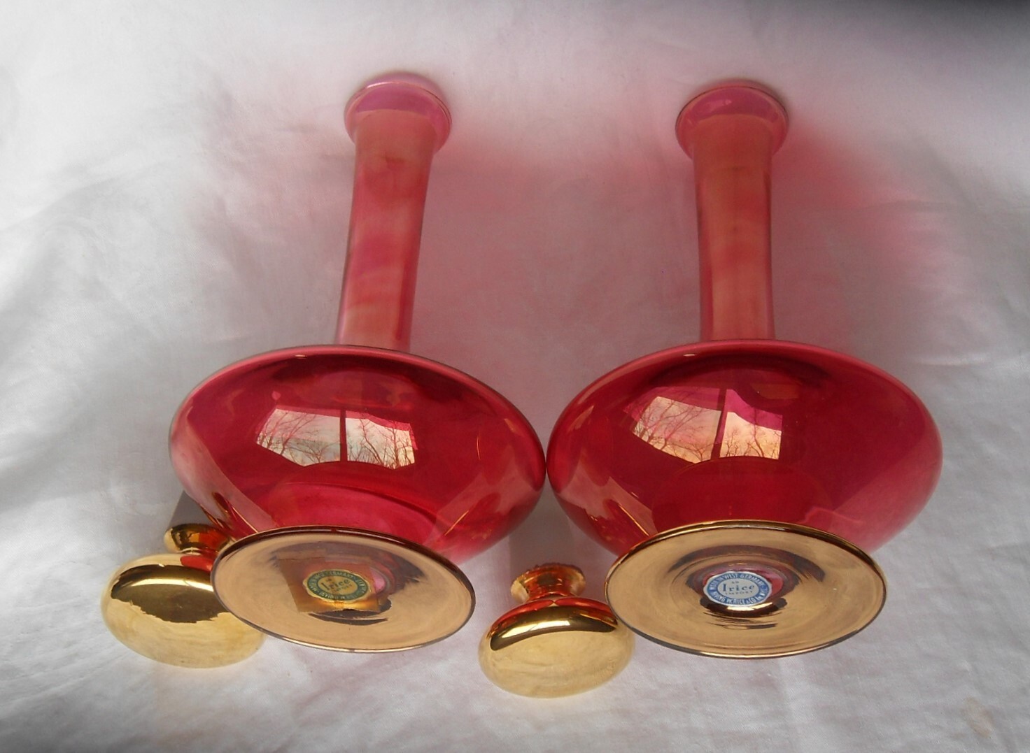 Vtg Cranberry Art Glass Decanter Carafe Bottles w/Gold Gilt Lid IRICE W. Germany