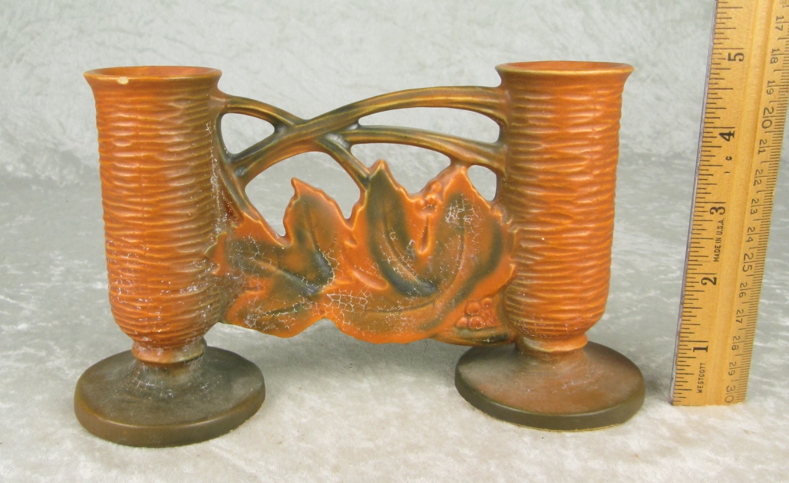 Roseville Pottery 158-4-1/2 Bushberry Double Vase Rust Orange Brown 4-3/4 inch T