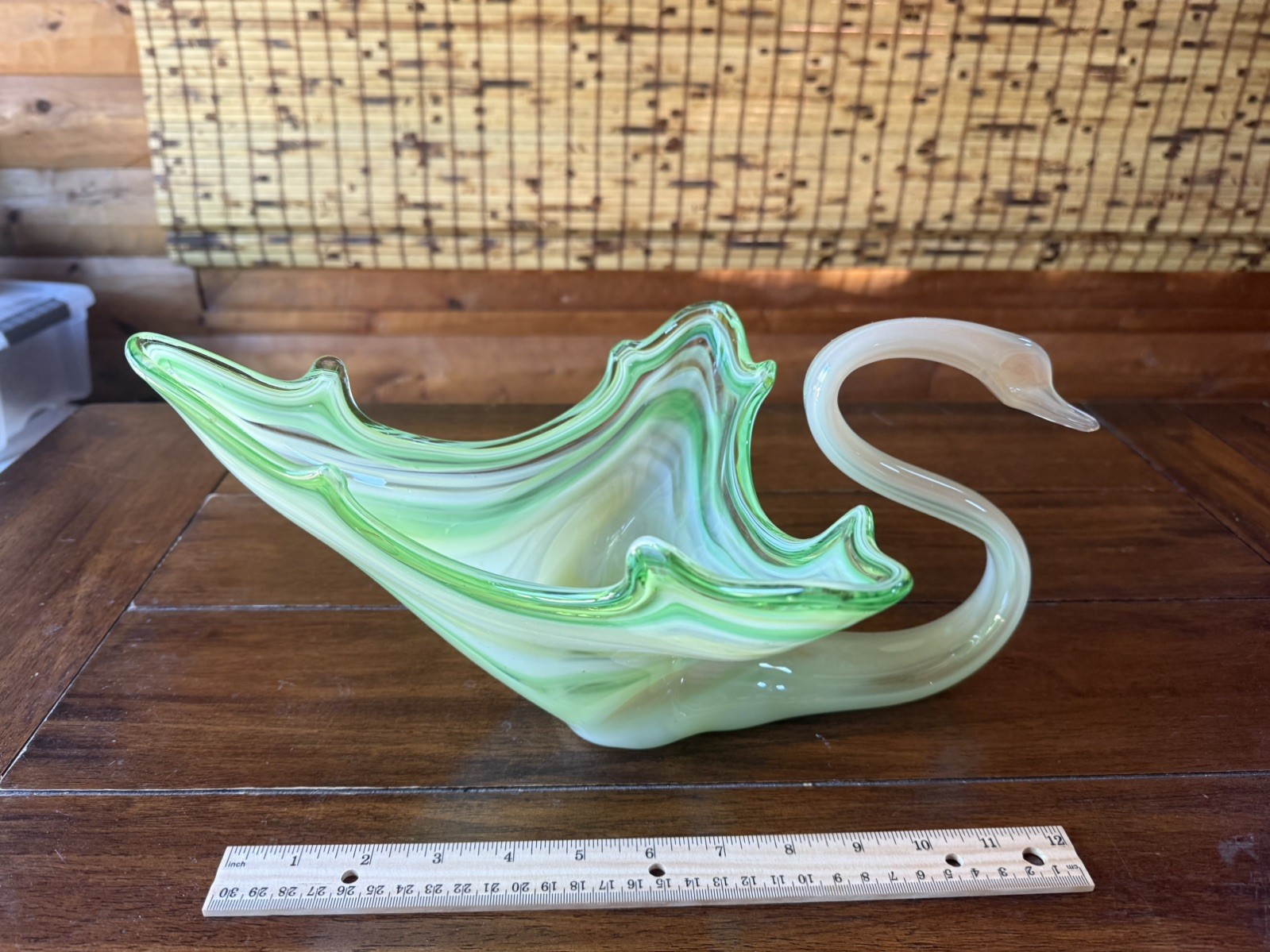 Vintage Art Glass Swan Bowl Green Murano Style Hand Blown Mid Century Decor