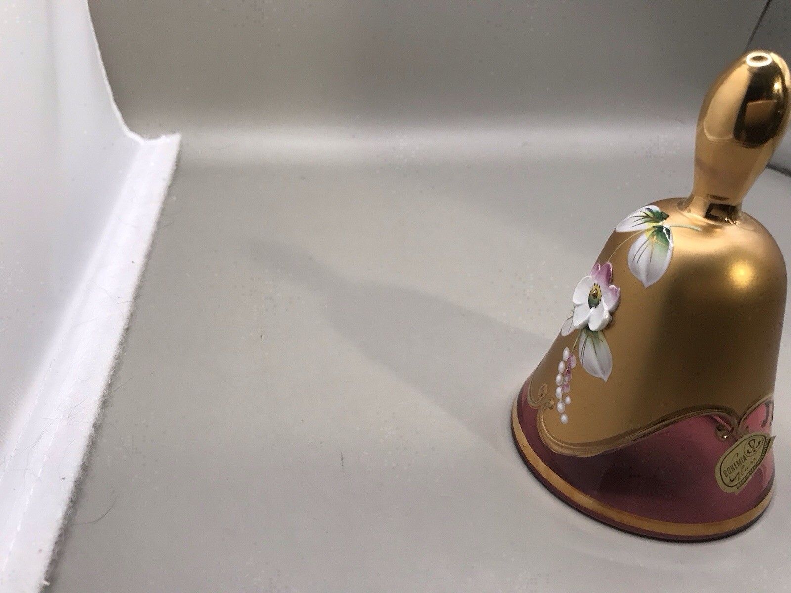Bohemia Glan Made In Czechoslovakia Cranberry Bell With Gold And White Flower