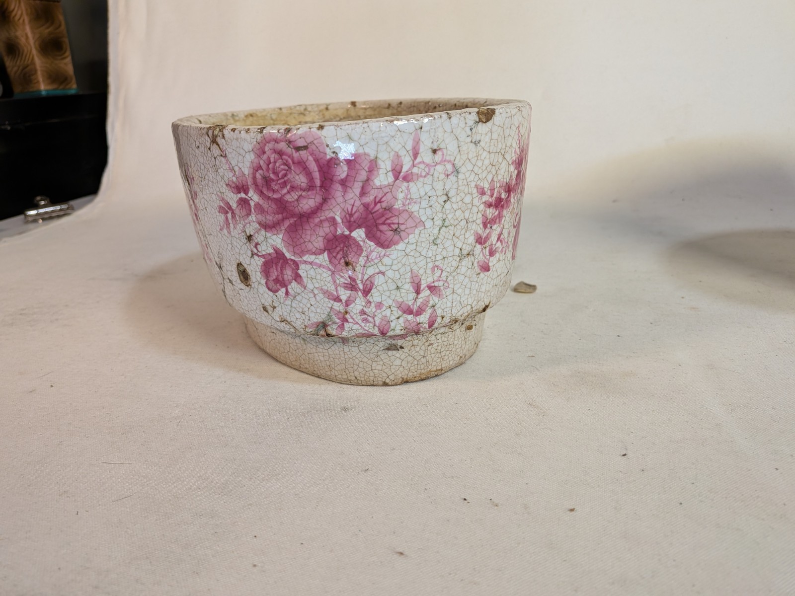 5″ pair Victorian French terra cotta crackle glazed antique planters pots roses