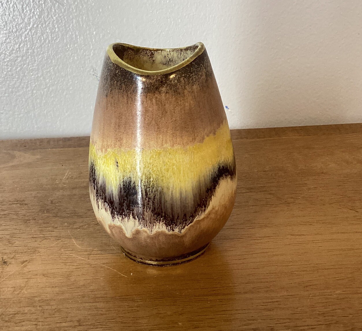 VTG German 555 Drip Glaze Ceramic Vase Gold Rim Brown Yellow White Flaw