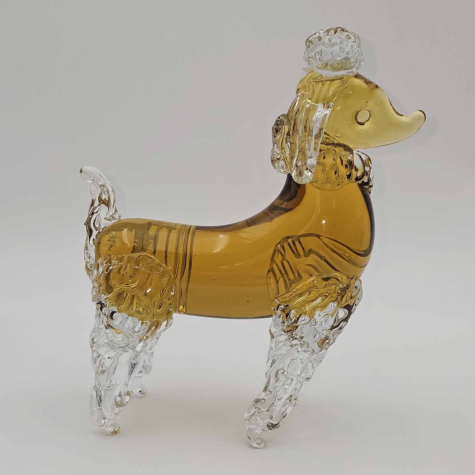 Vintage Hand Blown Heavy Glass Dog Poodle Figurine Clear and Amber 8″ Tall
