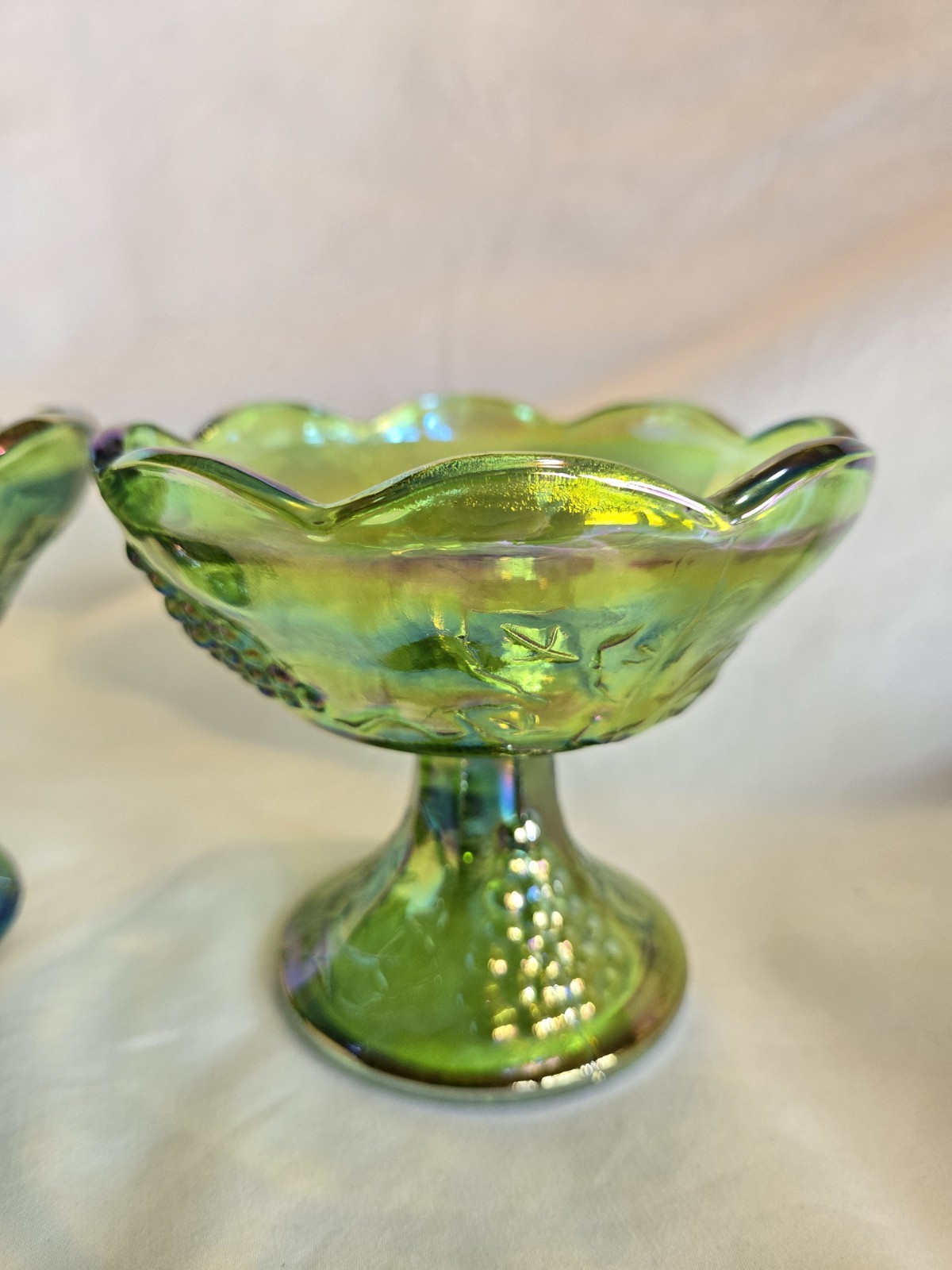 PAIR Indiana Glass Carnival Lime Green Iridescent Harvest Grapes Candle Holders