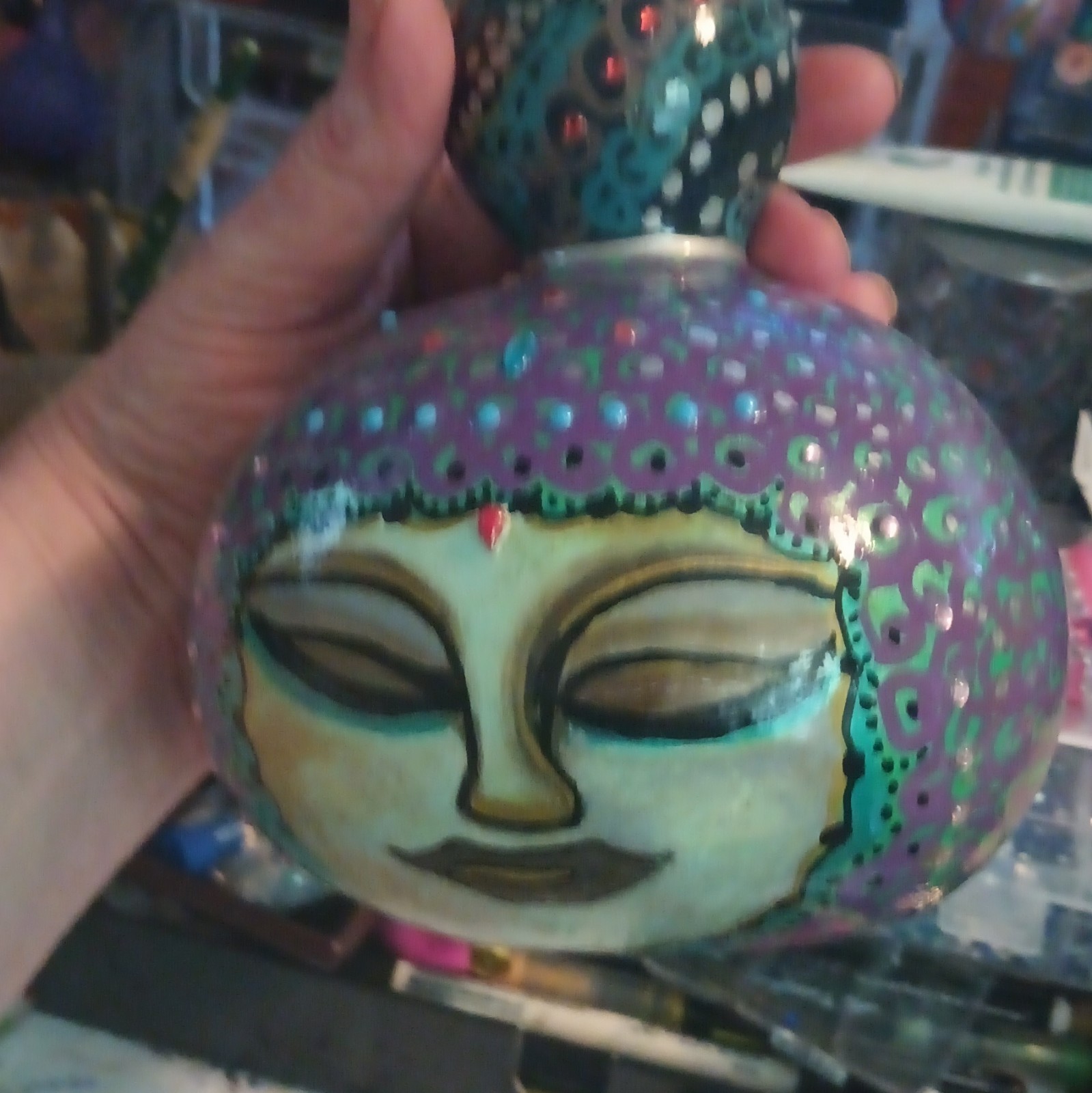 Buddha Head Art GOURD Hand Painted Glossy Purple Green Clay