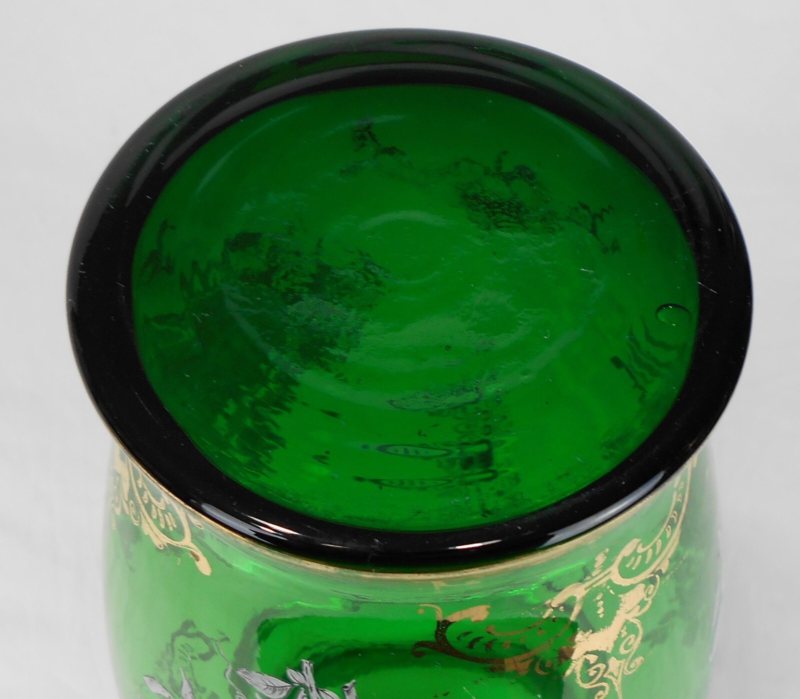 Emerald green & Gold classic Bohemian vintage Hand painted roses Vase 13.5 “
