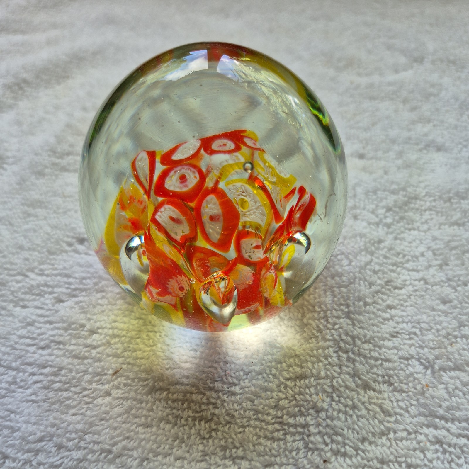 VINTAGE GLASS PAPERWEIGHT ORANGE AND YELLOW MILLEFIORI STYLE PATTERN 2.5″