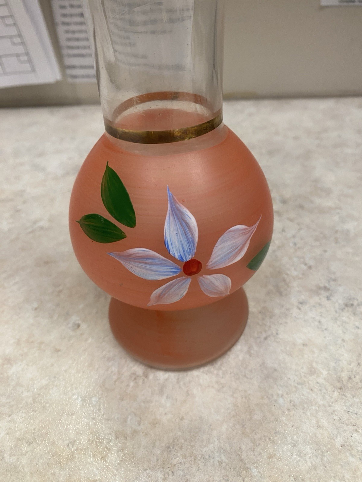 Hand Painted Art Glass Vase, Floral Pattern, Pink Green Red White Clear, Glossy
