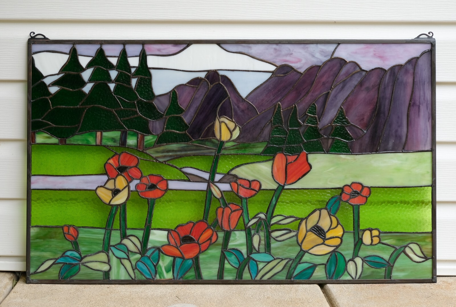 33.75″L x 20″H Tiffany Style stained glass window panel Flowers & Mountain HF603
