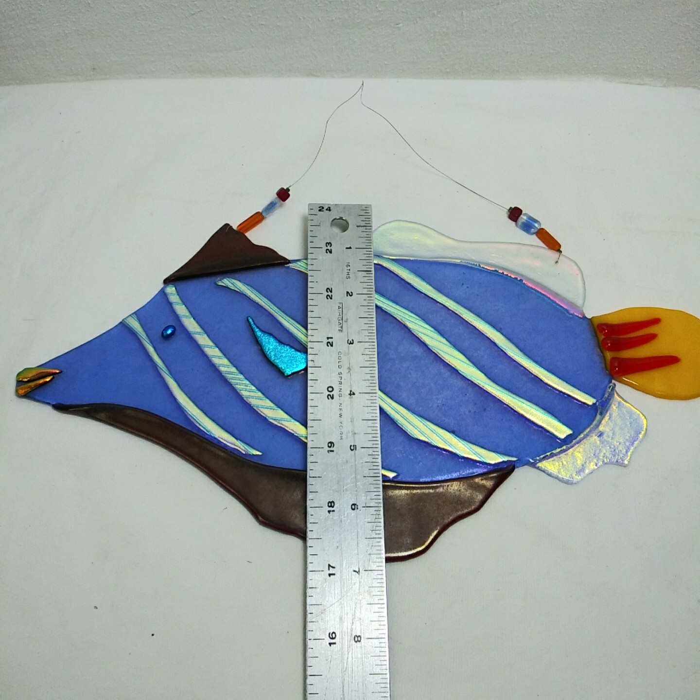 Handmade Iridescent Fused Glass Art Fish Suncatcher Window Wall Hanging 13″
