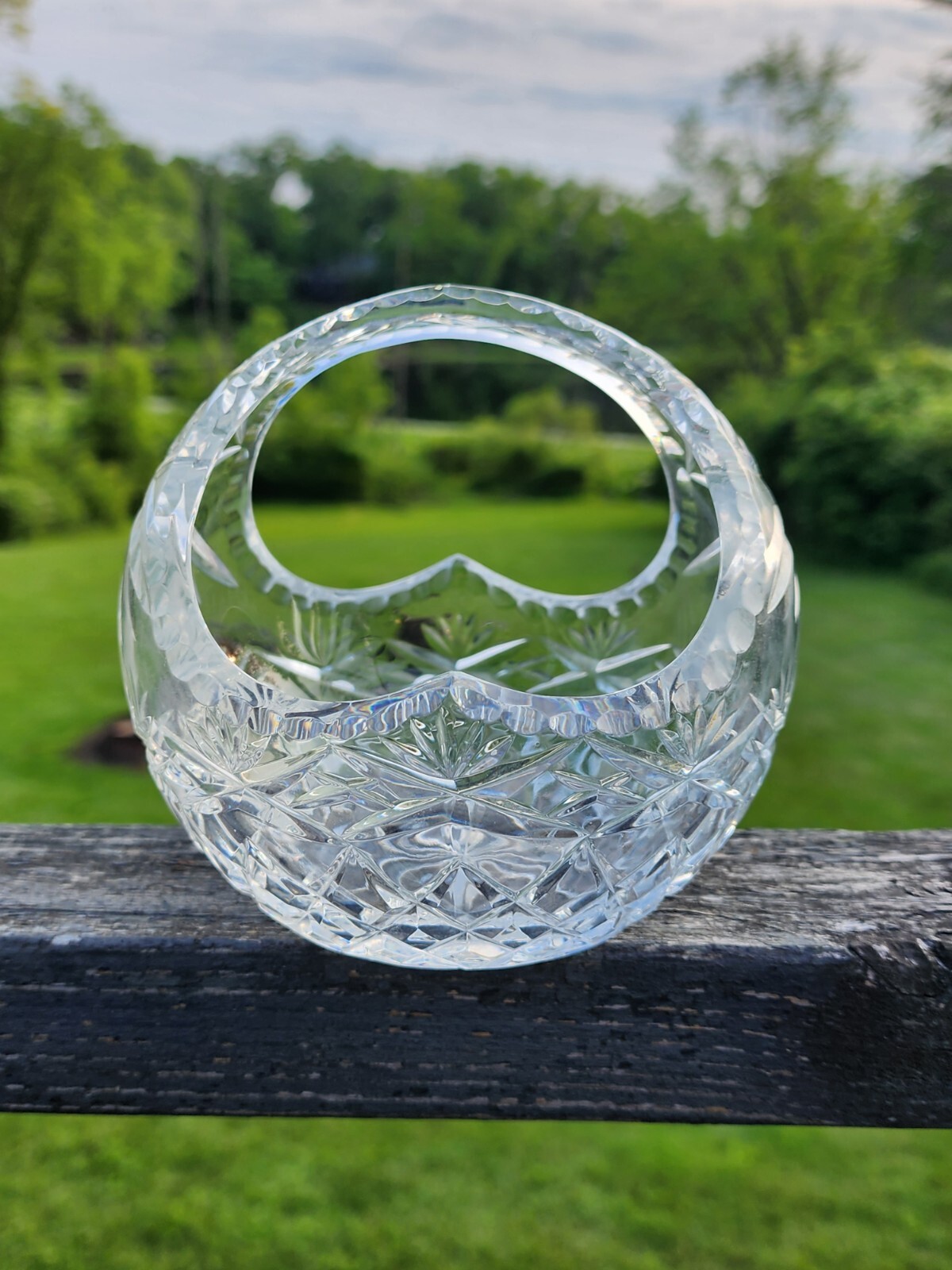 Vintage Heavy Lead Crystal Basket With Handle Made In Poland 5″ Tall Star Durst