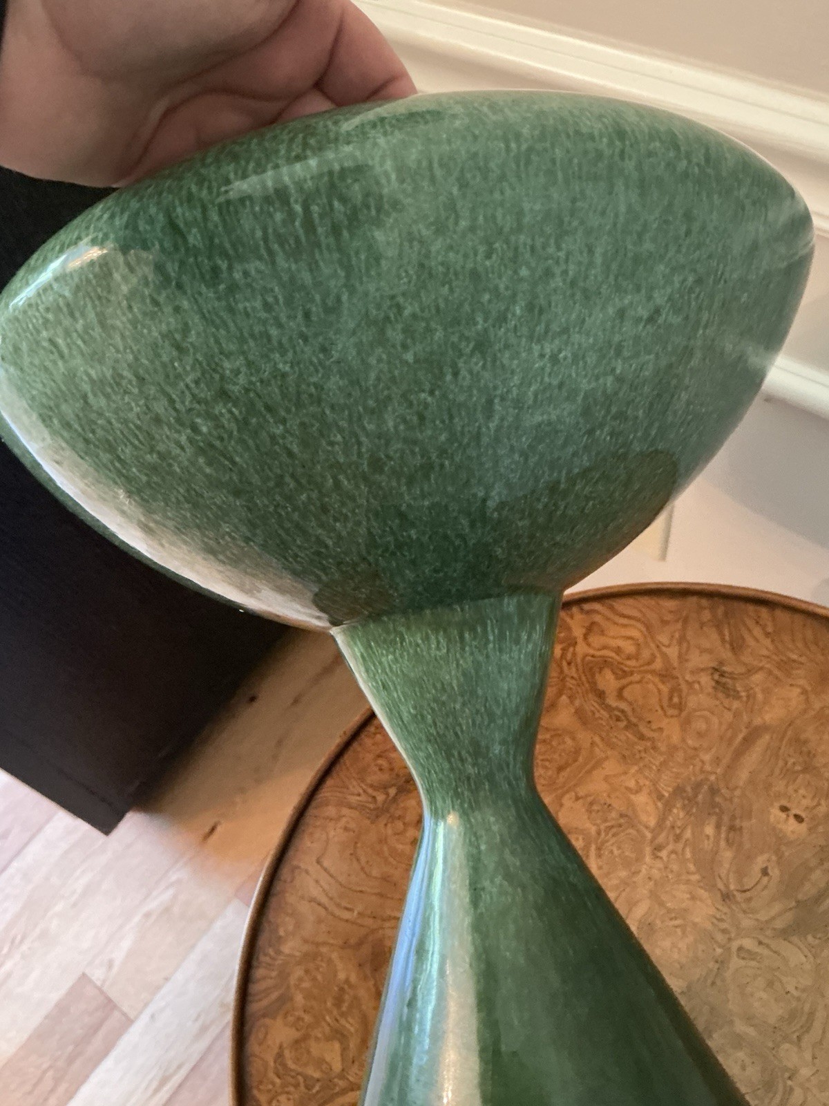 MCM Haeger USA Pottery Large Pedestal Planter Bowl Vase Green Drip Glaze 15”