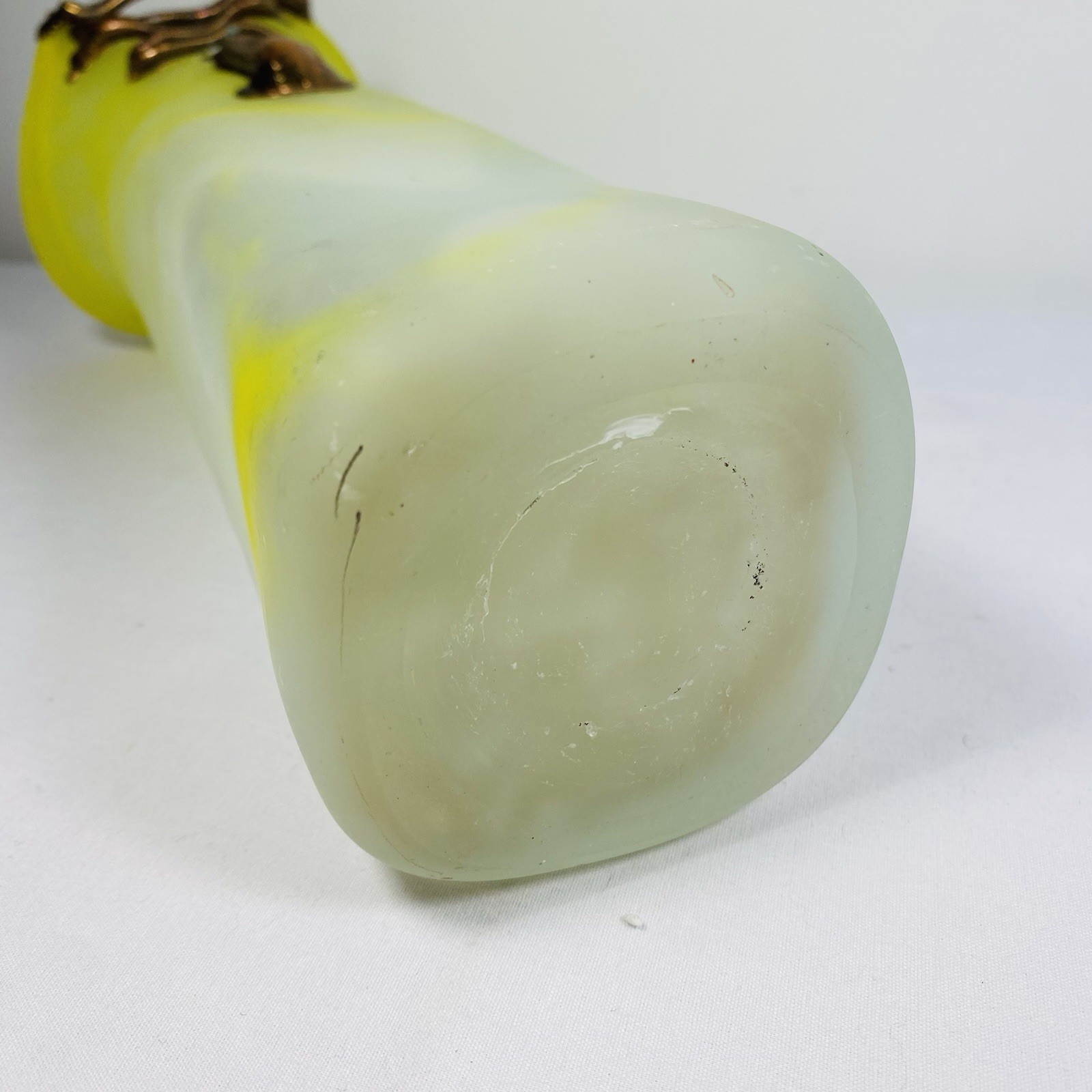 Filip Ravert Style Romblast Frosted Yellow Vase Applied Bronze Into Rim Romania