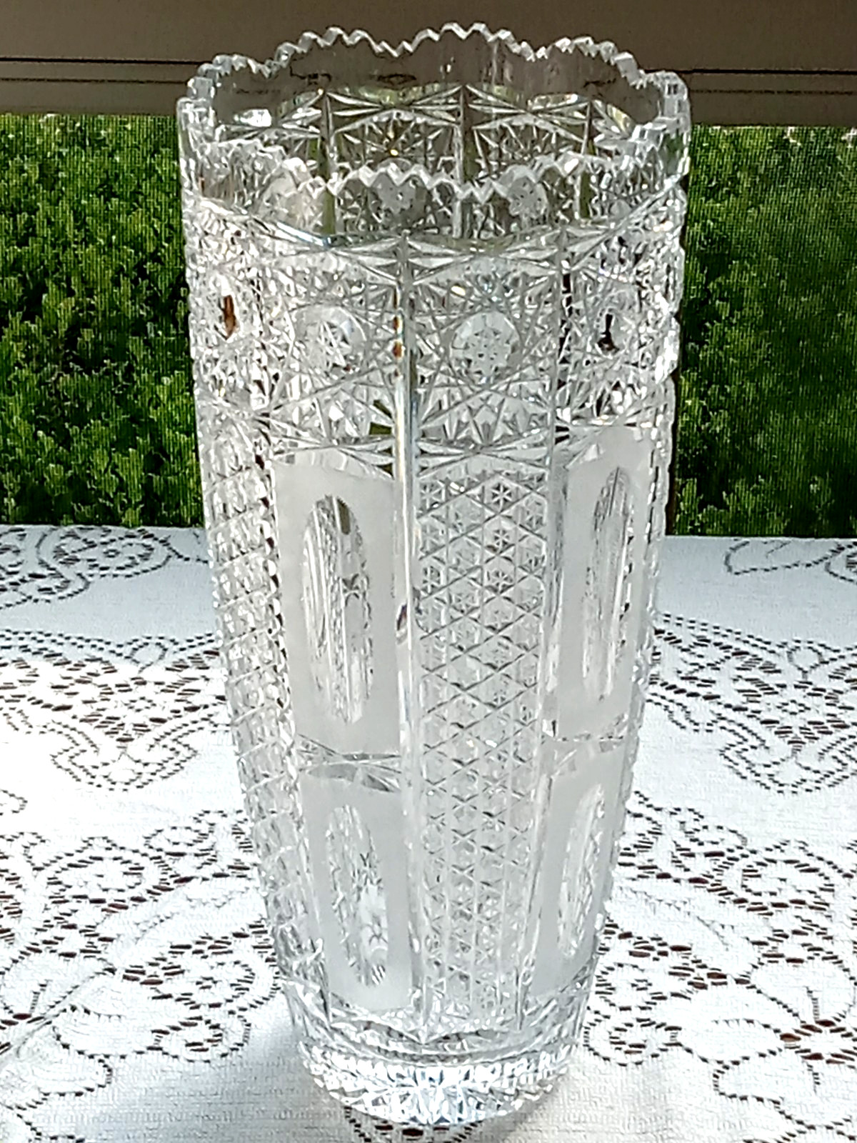Large Bohemian Cut Crystal Vintage Vase 12 in. tall 5.5 in. diameter at opening