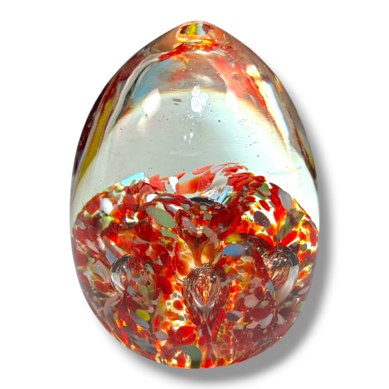 VTG Egg Shaped Art Glass Paperweight Red Multicolor Spatter Controlled Bubble