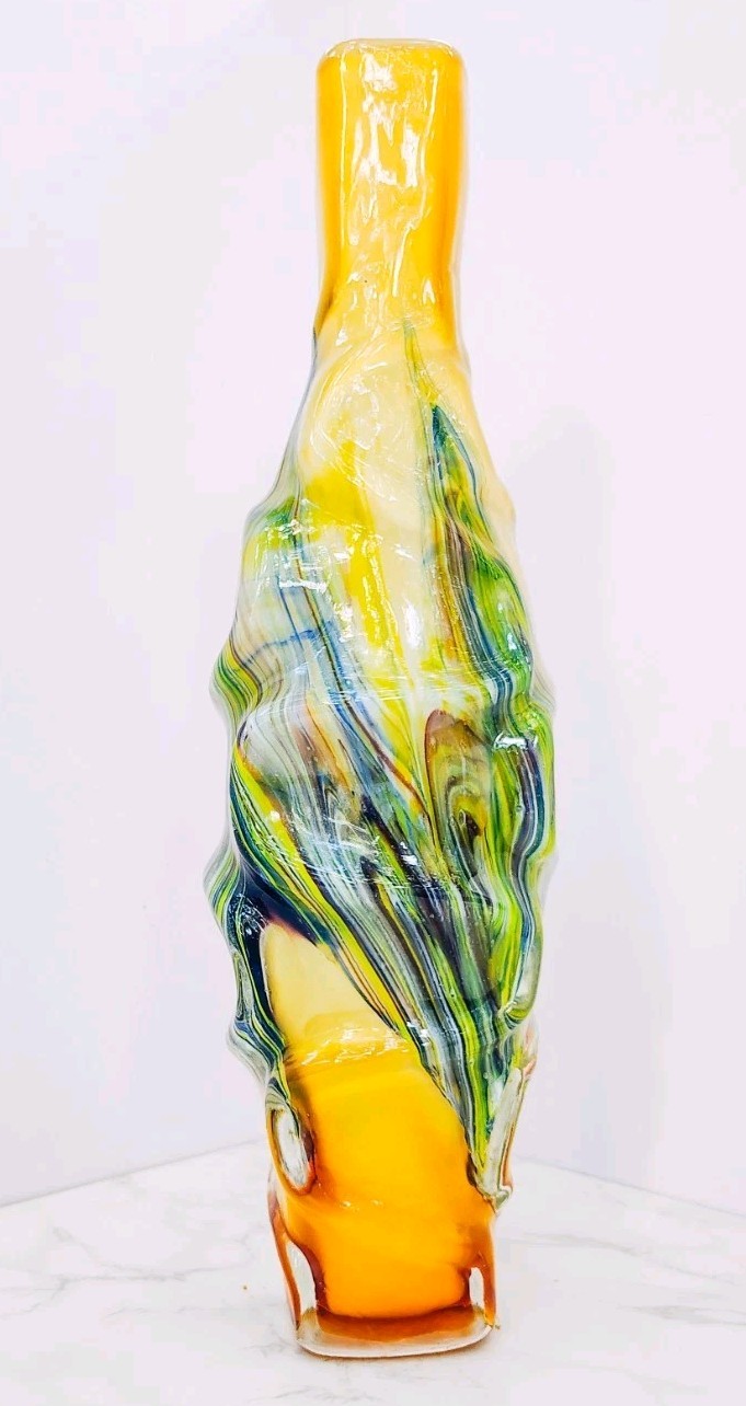Murano Style Hand Blown Art Glass Vase Sculptural Yellow Free Form 15.5”