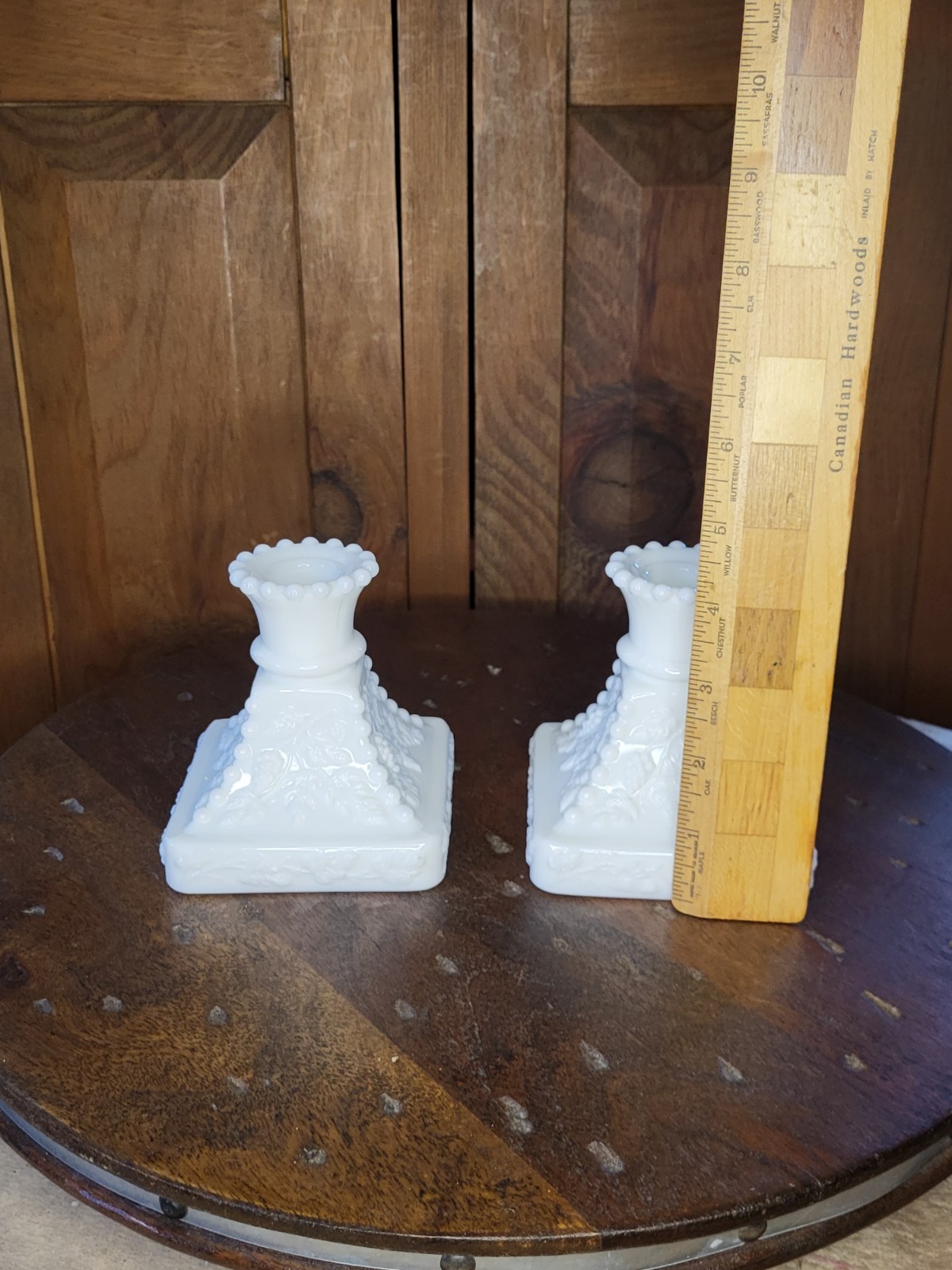 Pair White Milk Glass Grape Pattern Candle Holders for Taper/Dinner 3.25in