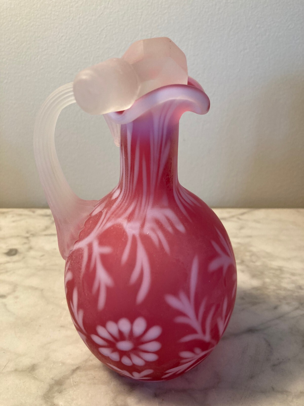 Lovely Fenton Cranberry Daisy and Fern Cruet Satin Finish 7 1/4″ Tall