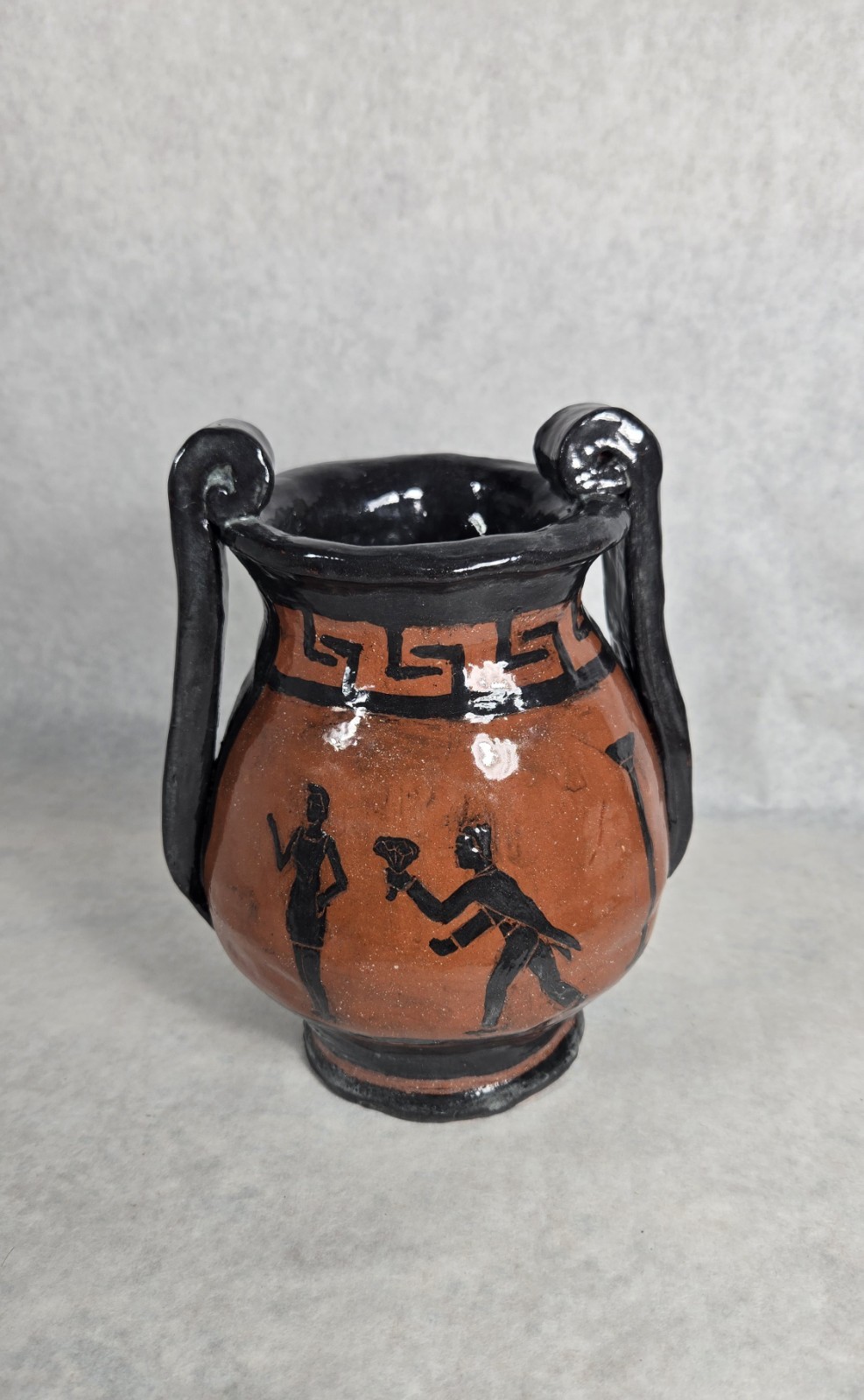 Vintage Vase Red Clay Pottery Greek Mythology? Double Handle Jug 7.5″ Signed AK