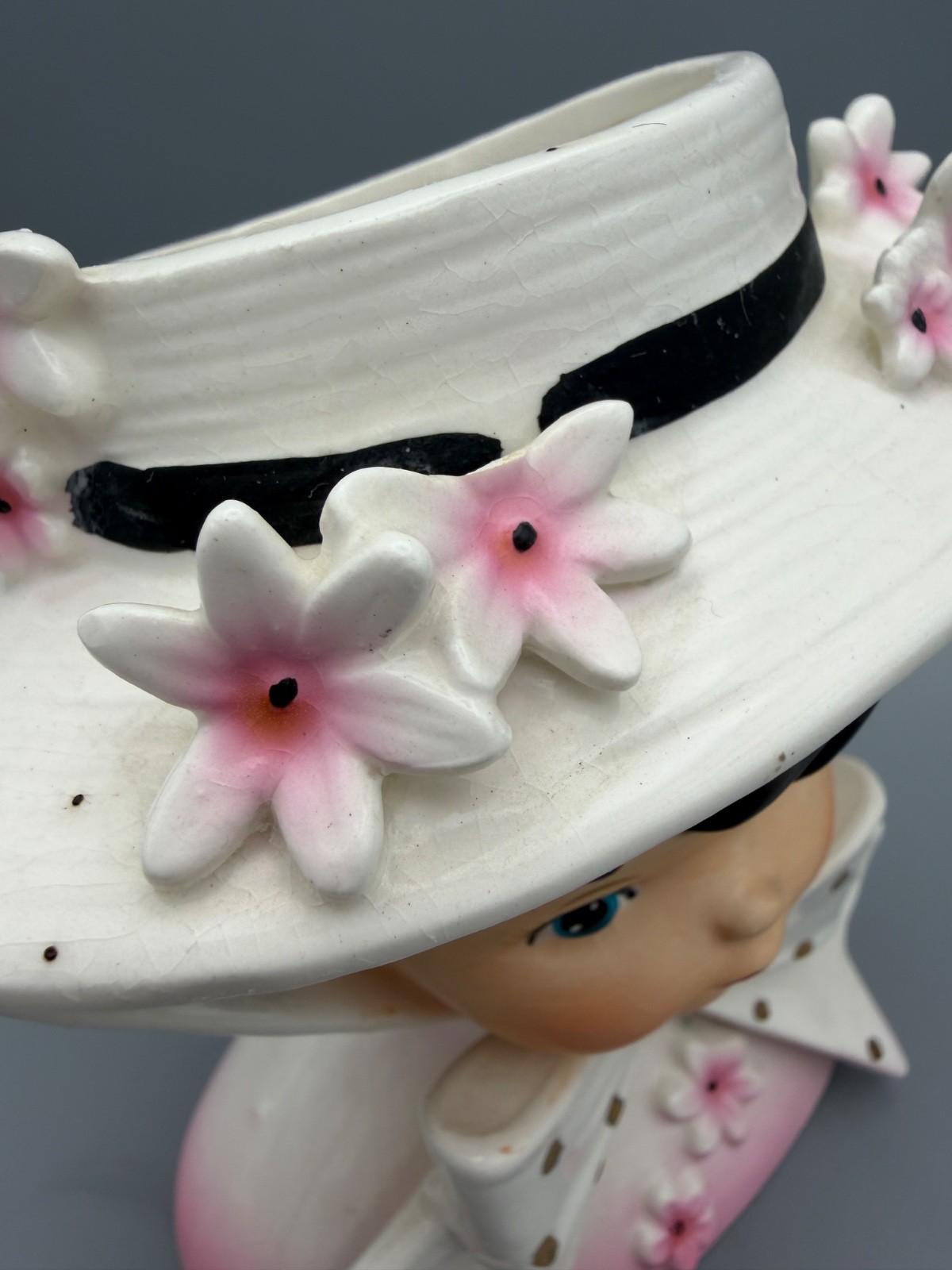 VINTAGE 1950s Relpo Pink & White Little Miss Head Vase w/ Flowers K1096
