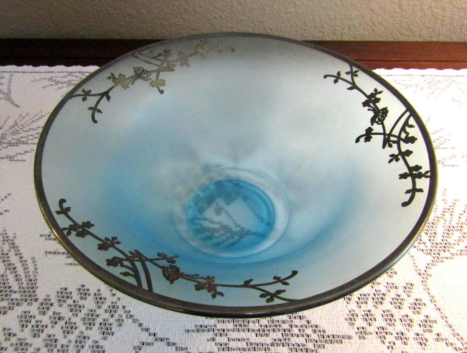 Tiffin Sky Blue Satin Glass CONSOLE BOWL & CANDLESTICK HOLDERS / Silver Overlay