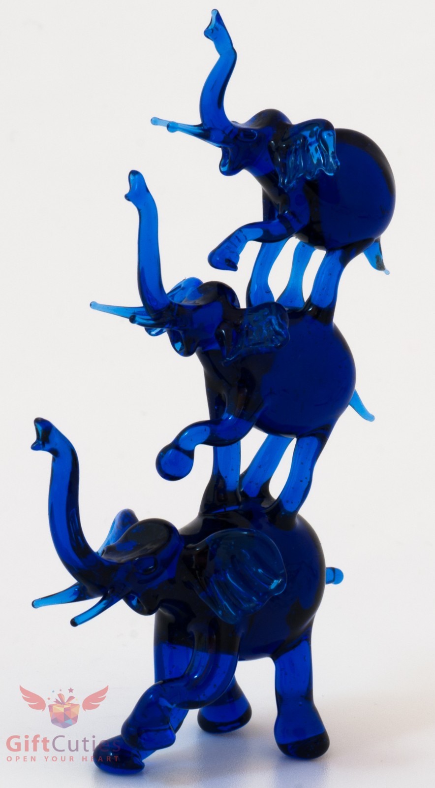 Glass Blue triple Elephants Figurine handmade hand blown in Ukraine “murano”